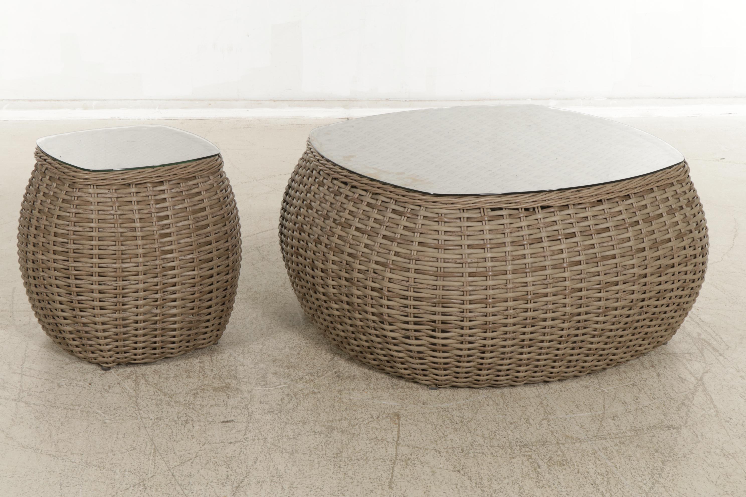Ebel Faux Rattan Wicker Glass-Top Patio Coffee and Side Tables