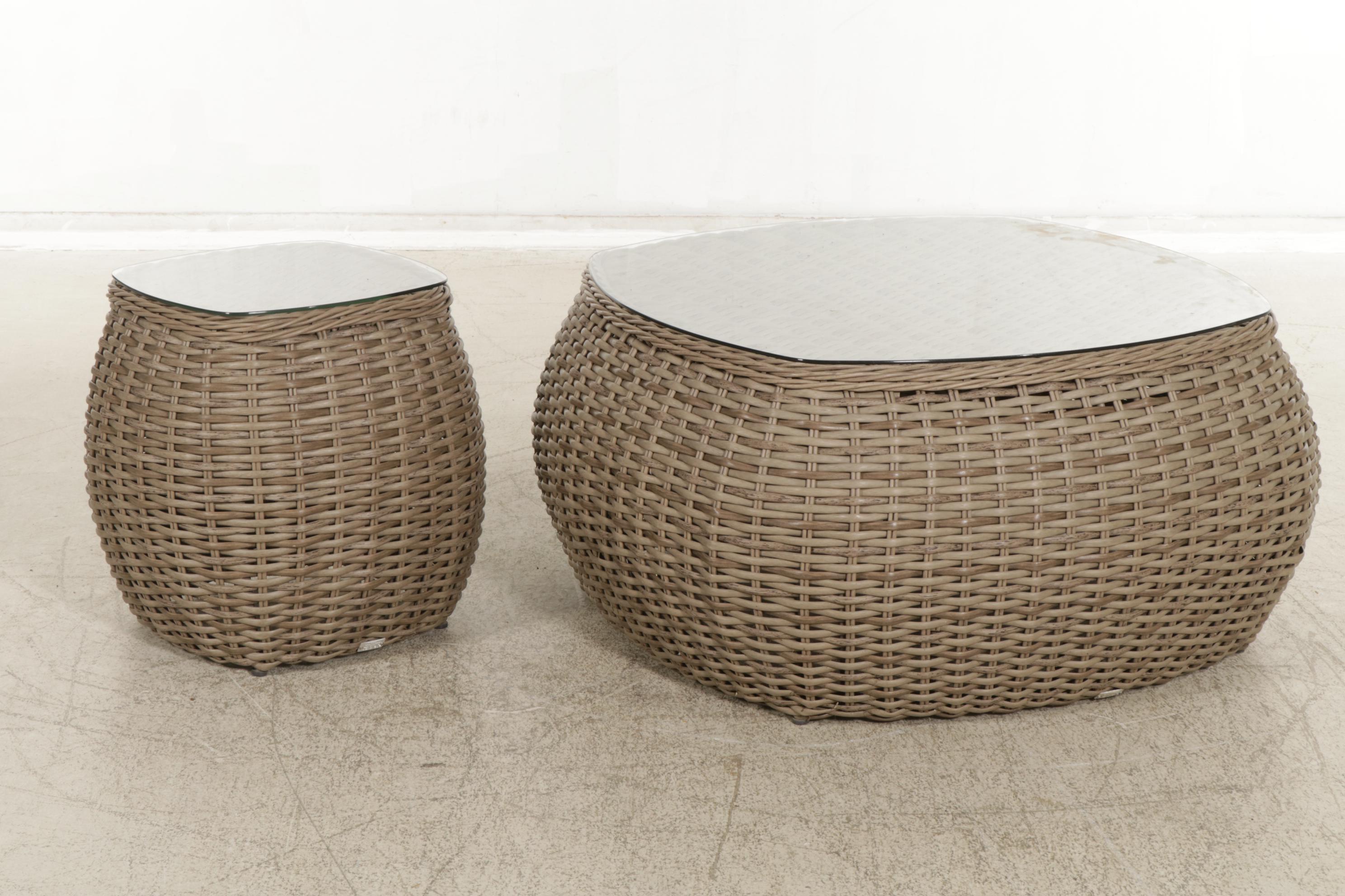 Ebel Faux Rattan Wicker Glass-Top Patio Coffee and Side Tables