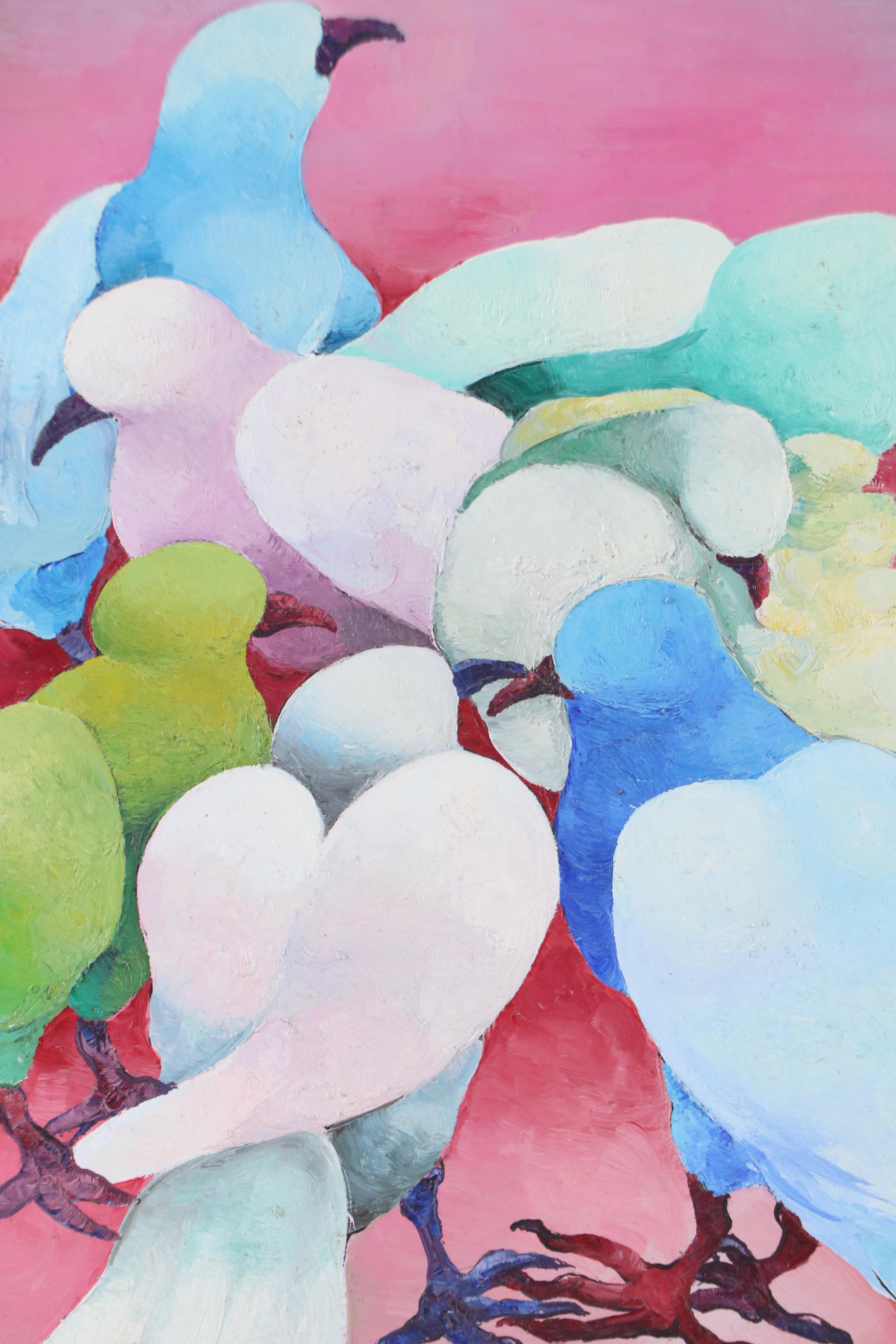 Gesner Armand Oil Painting of Stylized Pigeons, Late 20th/Early 21st Century