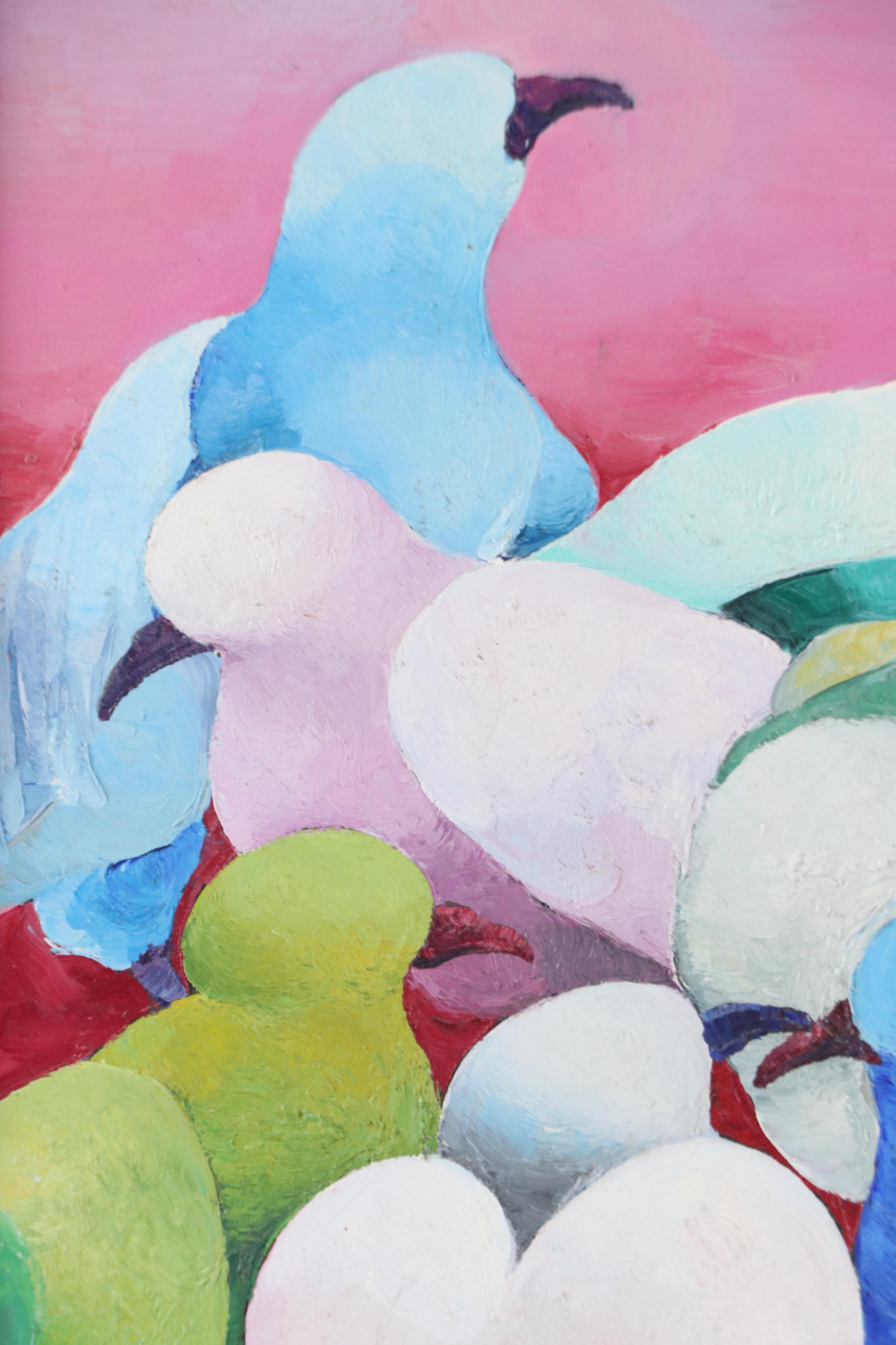 Gesner Armand Oil Painting of Stylized Pigeons, Late 20th/Early 21st Century