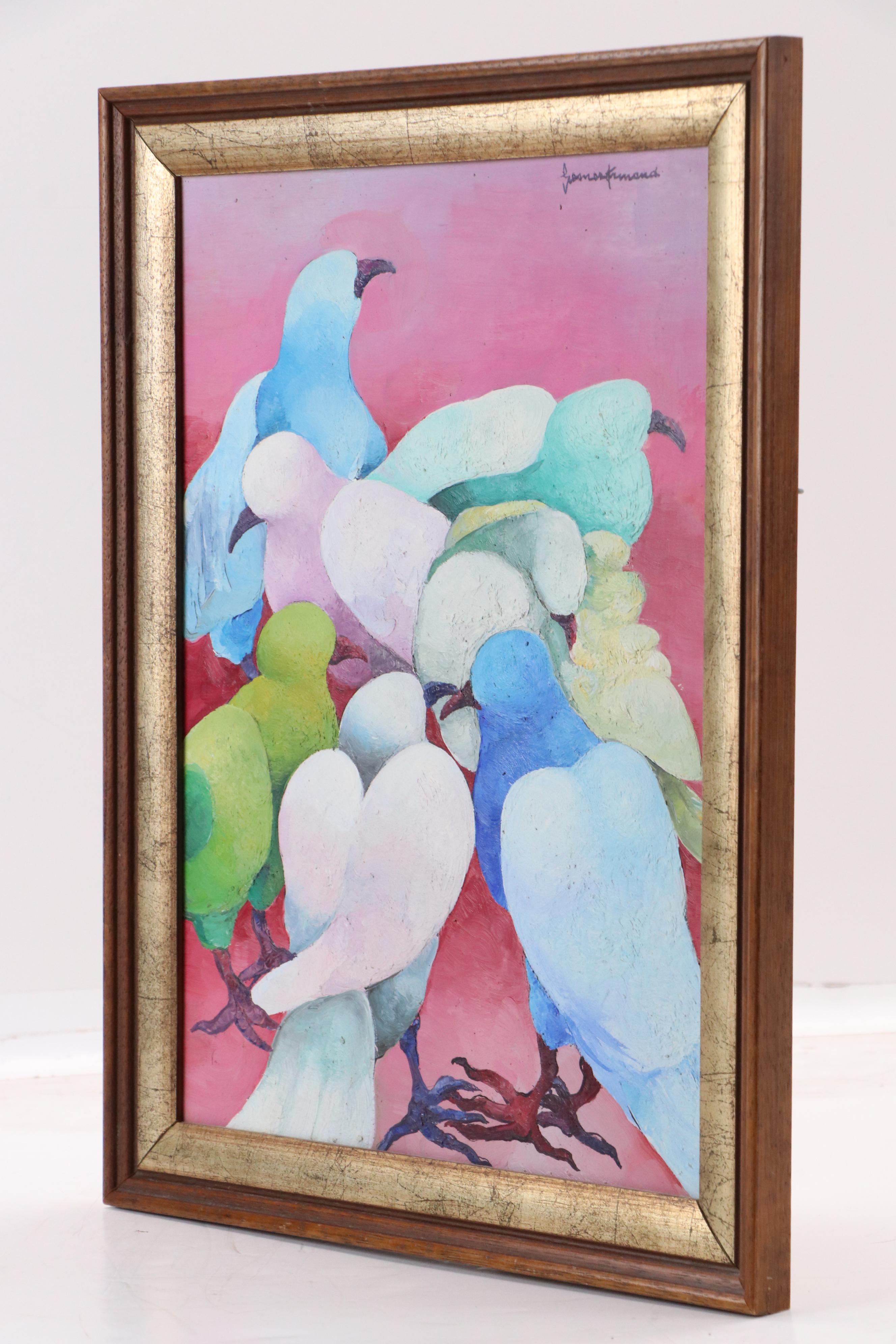 Gesner Armand Oil Painting of Stylized Pigeons, Late 20th/Early 21st Century