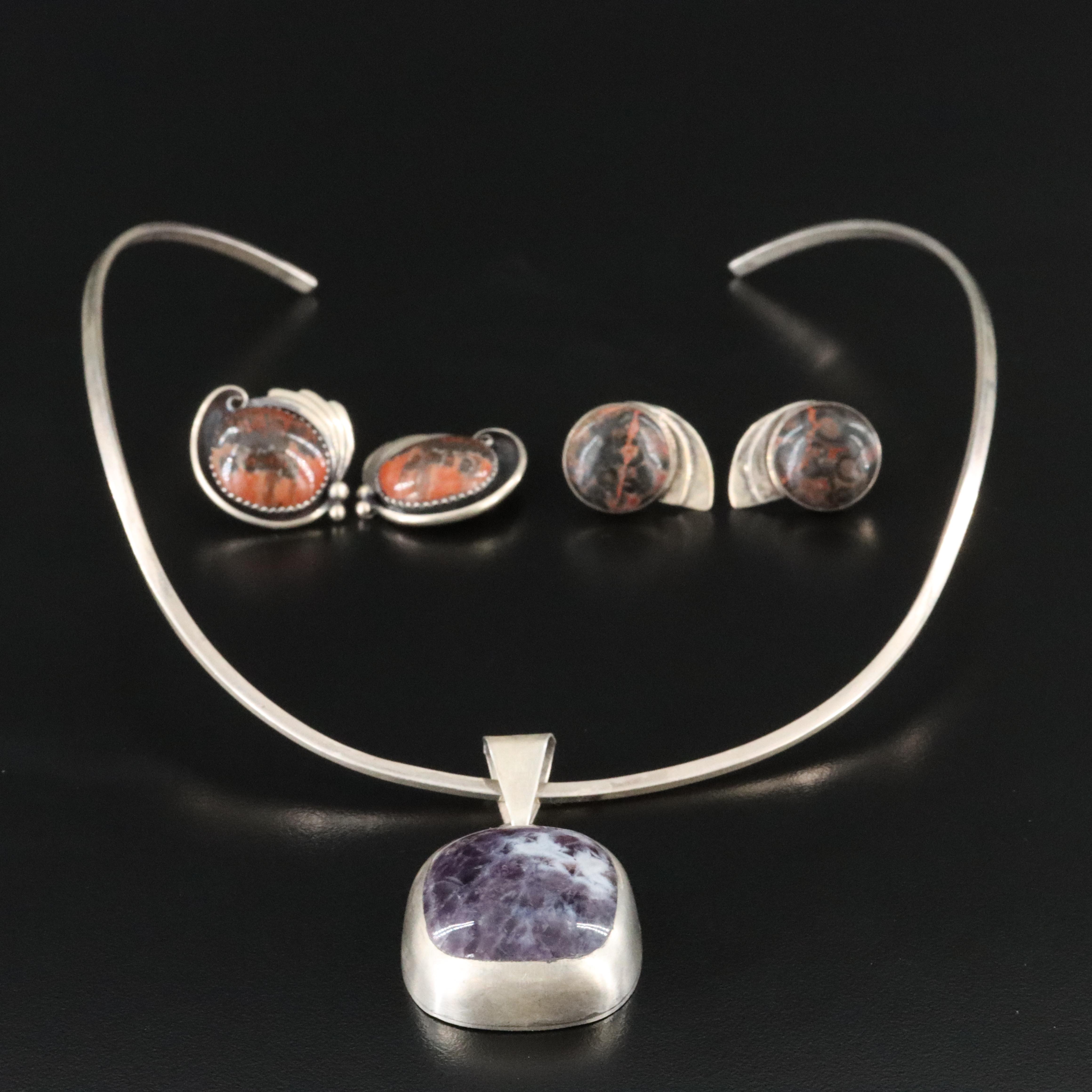 Sterling Amethyst and Jasper Pendant Necklace and Earrings