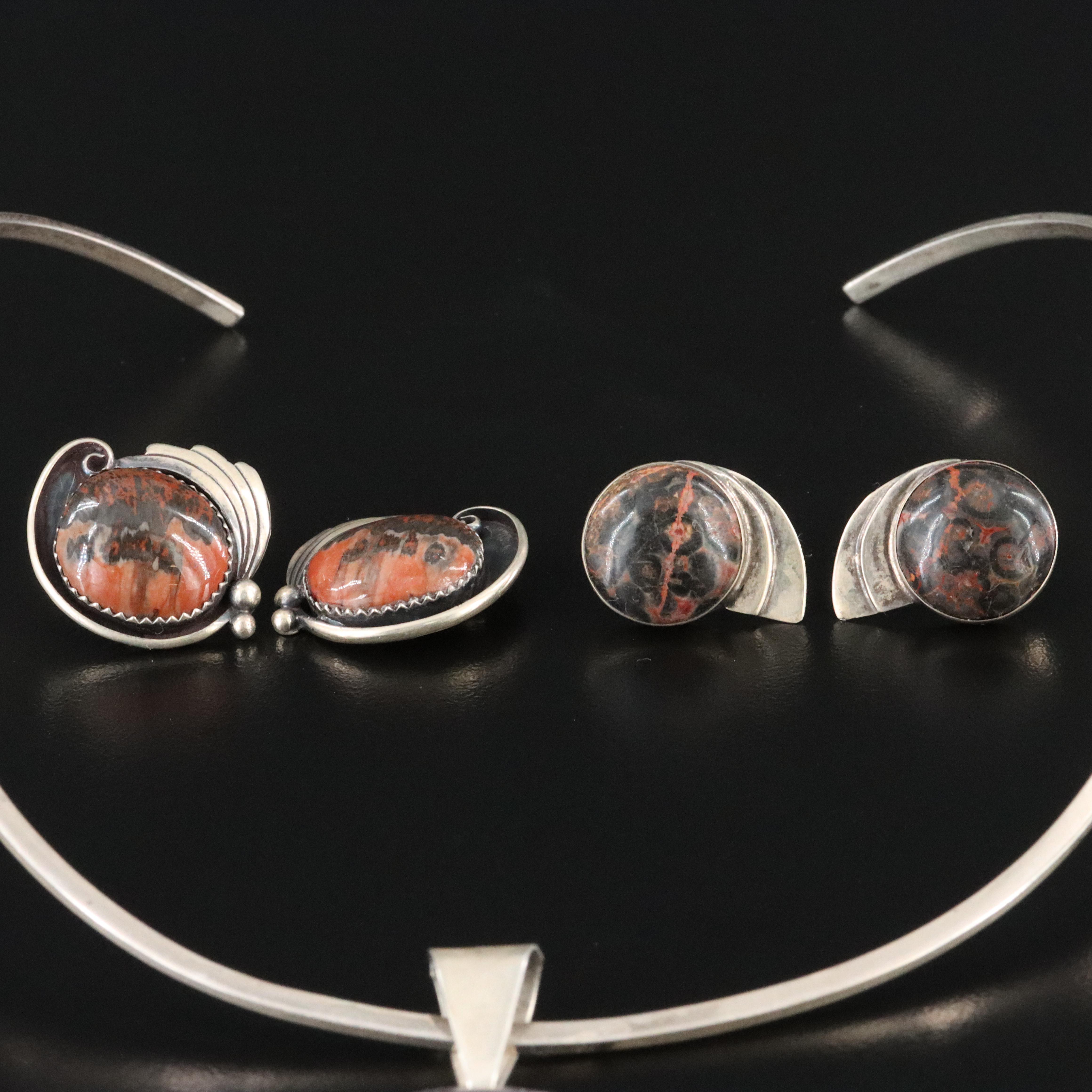 Sterling Amethyst and Jasper Pendant Necklace and Earrings