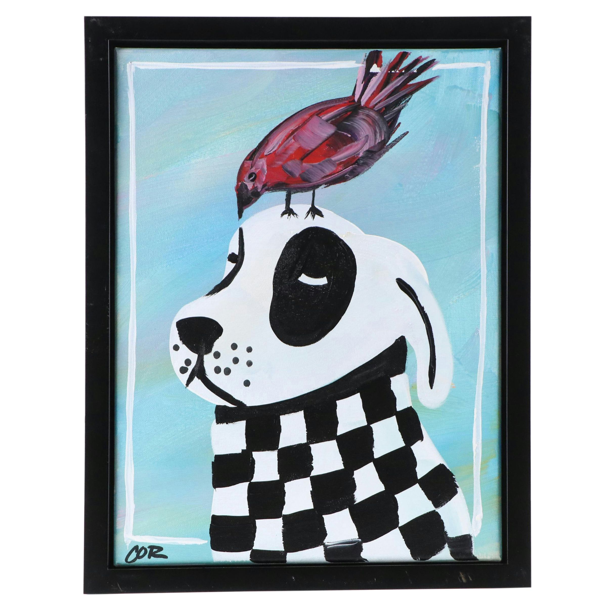 Corbellic Stylized Acrylic Painting of Dog and Bird, 2025