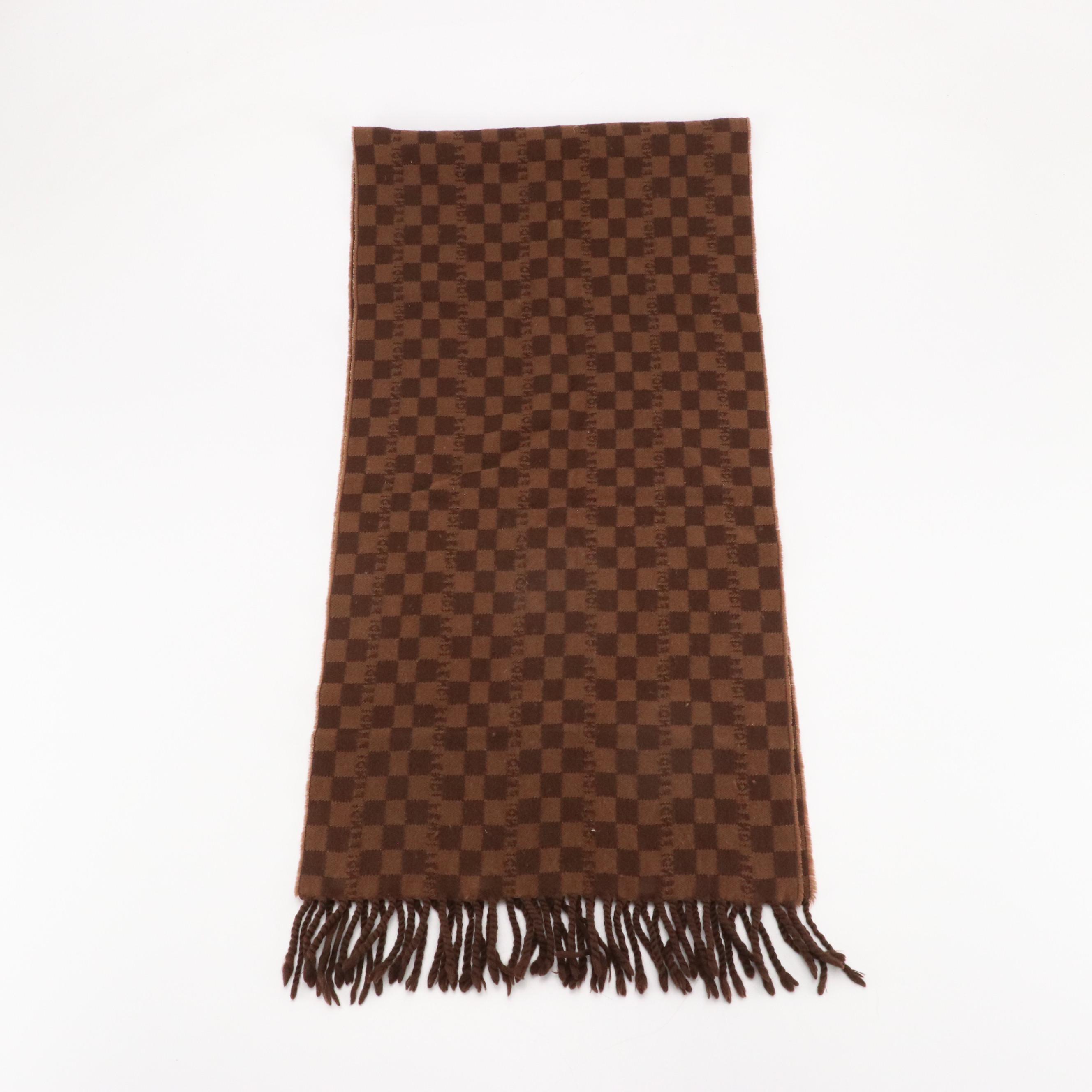 Fendi Brown Checkered Wool Fringe Scarf