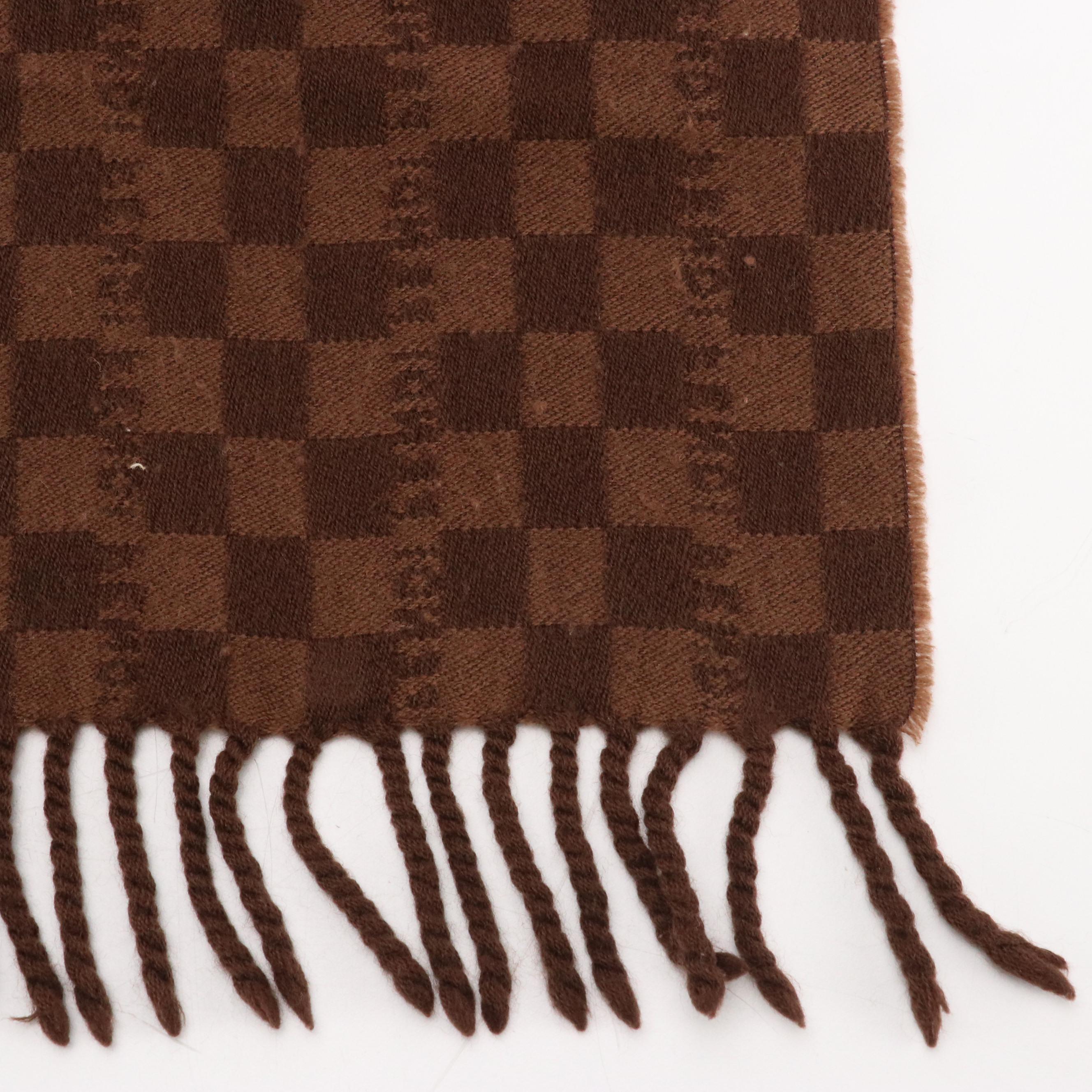 Fendi Brown Checkered Wool Fringe Scarf