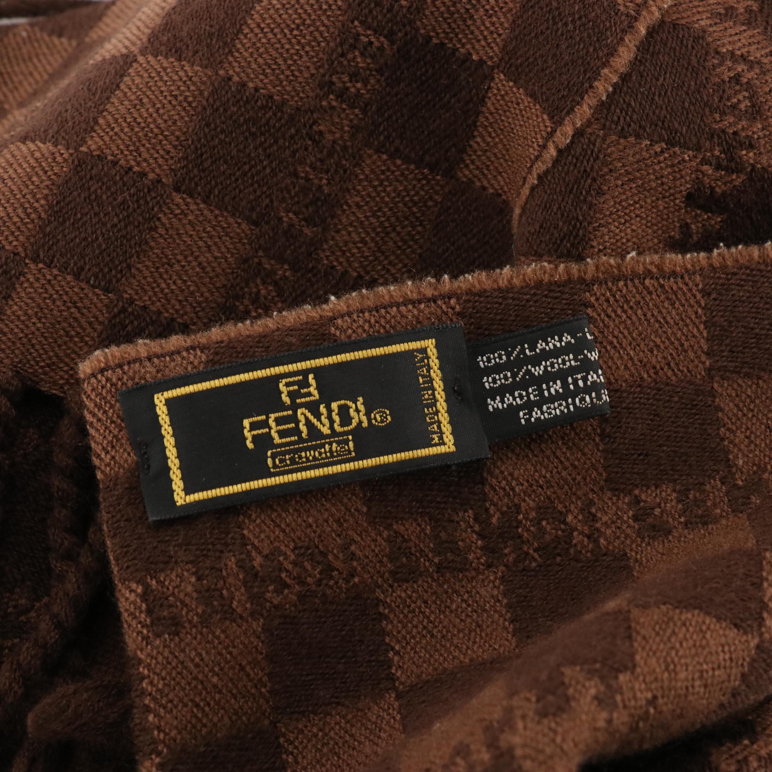 Fendi Brown Checkered Wool Fringe Scarf