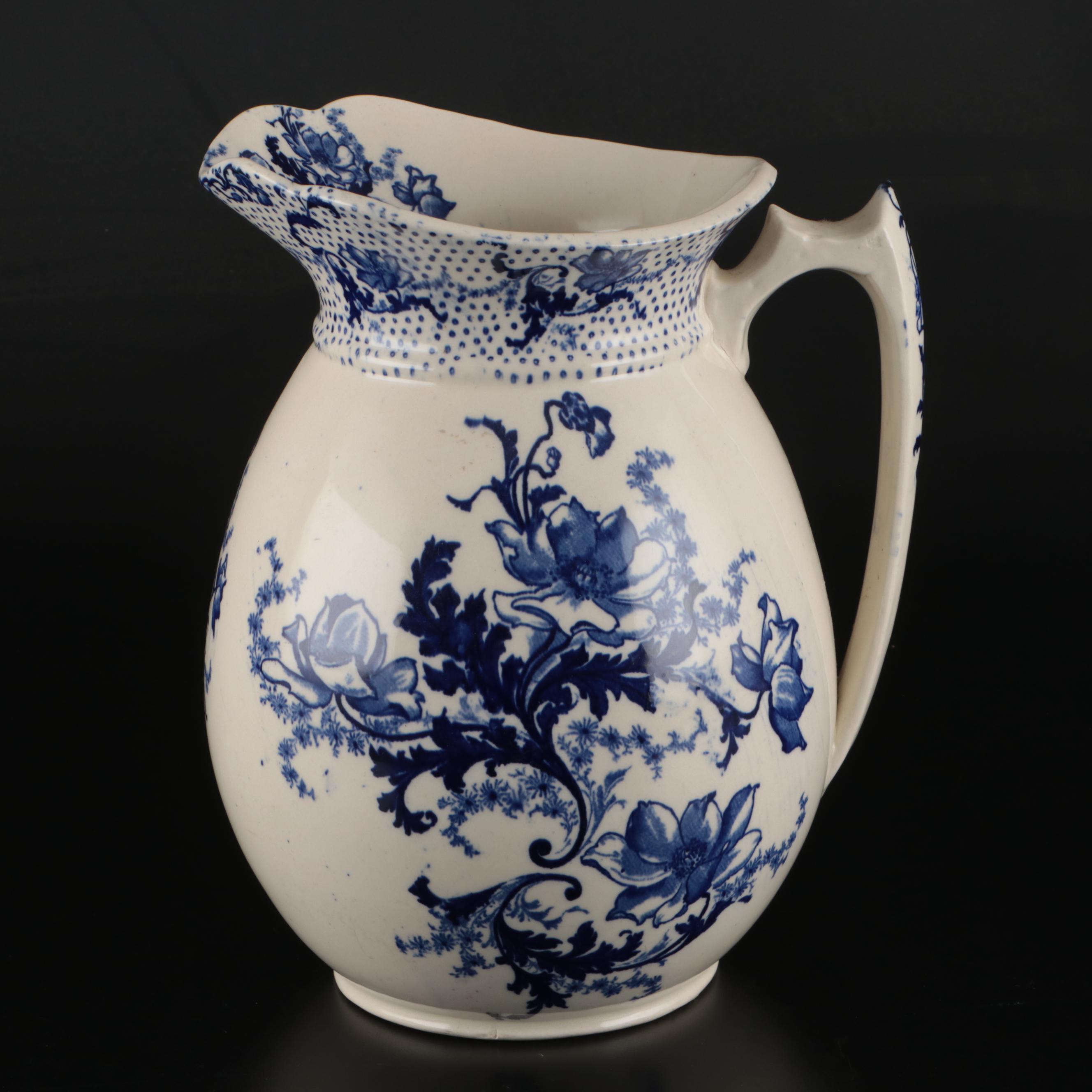 English Hatton Pottery Blue on White Ironstone Ewer