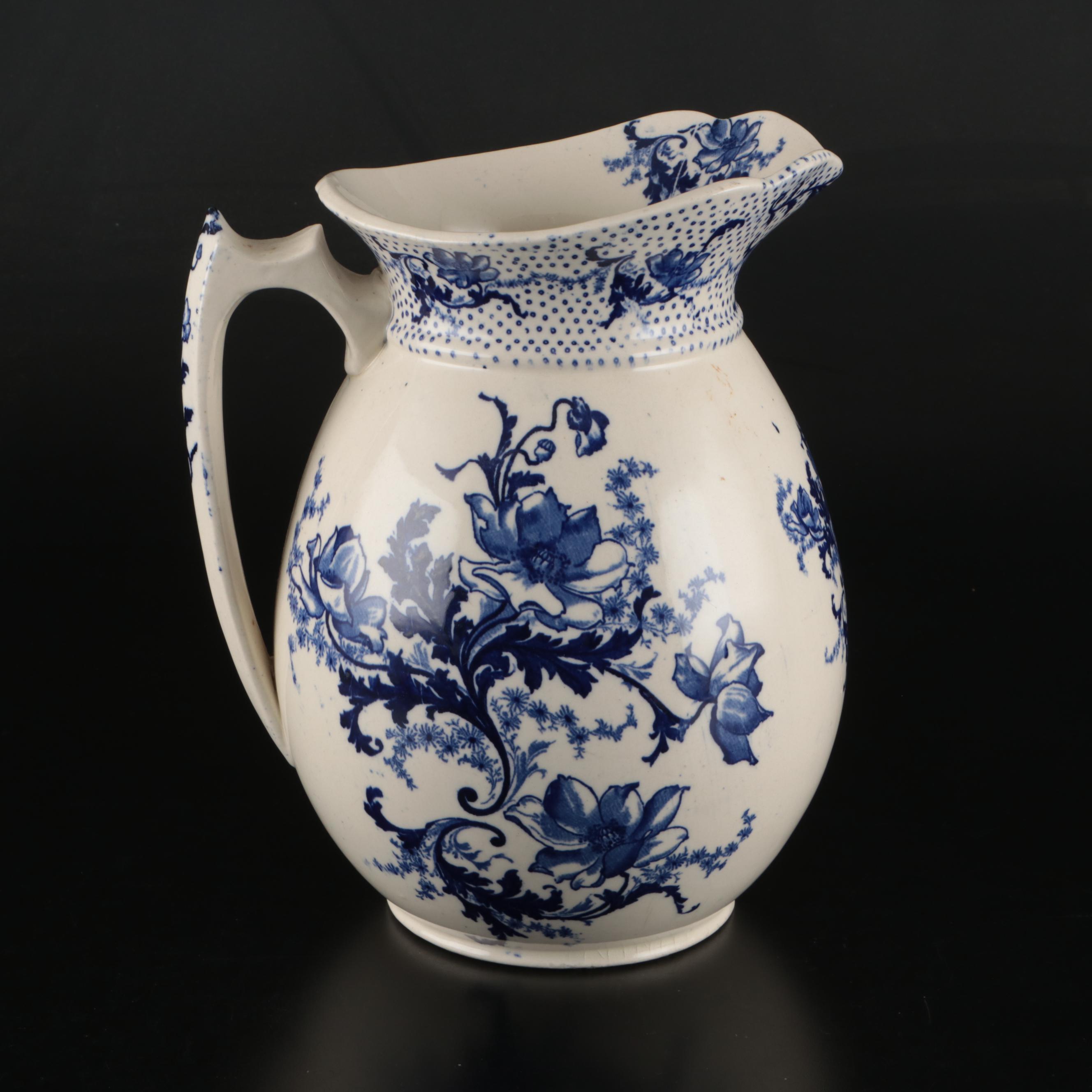 English Hatton Pottery Blue on White Ironstone Ewer