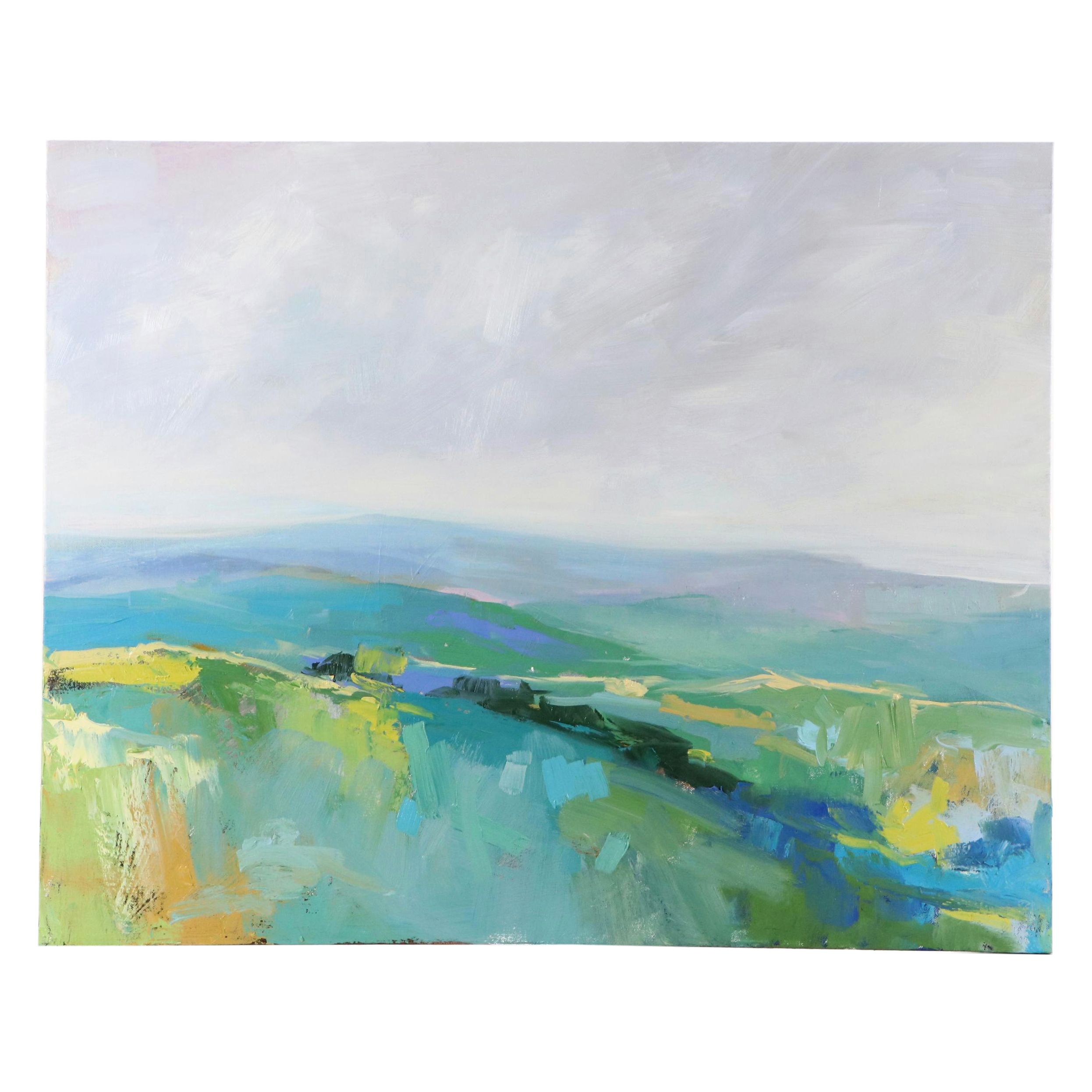 Sarah Brown Landscape Oil Painting "Threshold In Blue Green," 21st Century