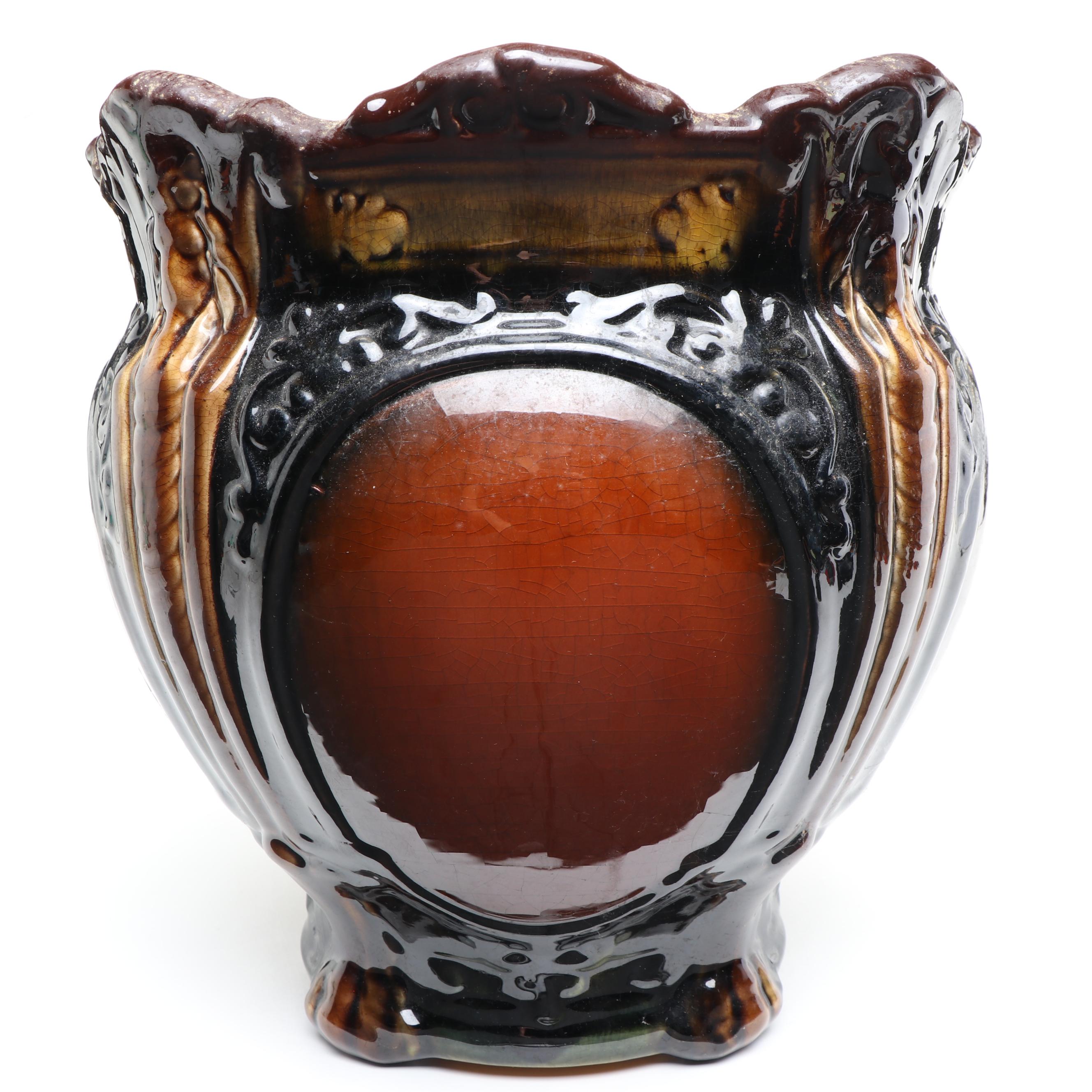 Art Nouveau Brown Majolica Lion's Head Planter