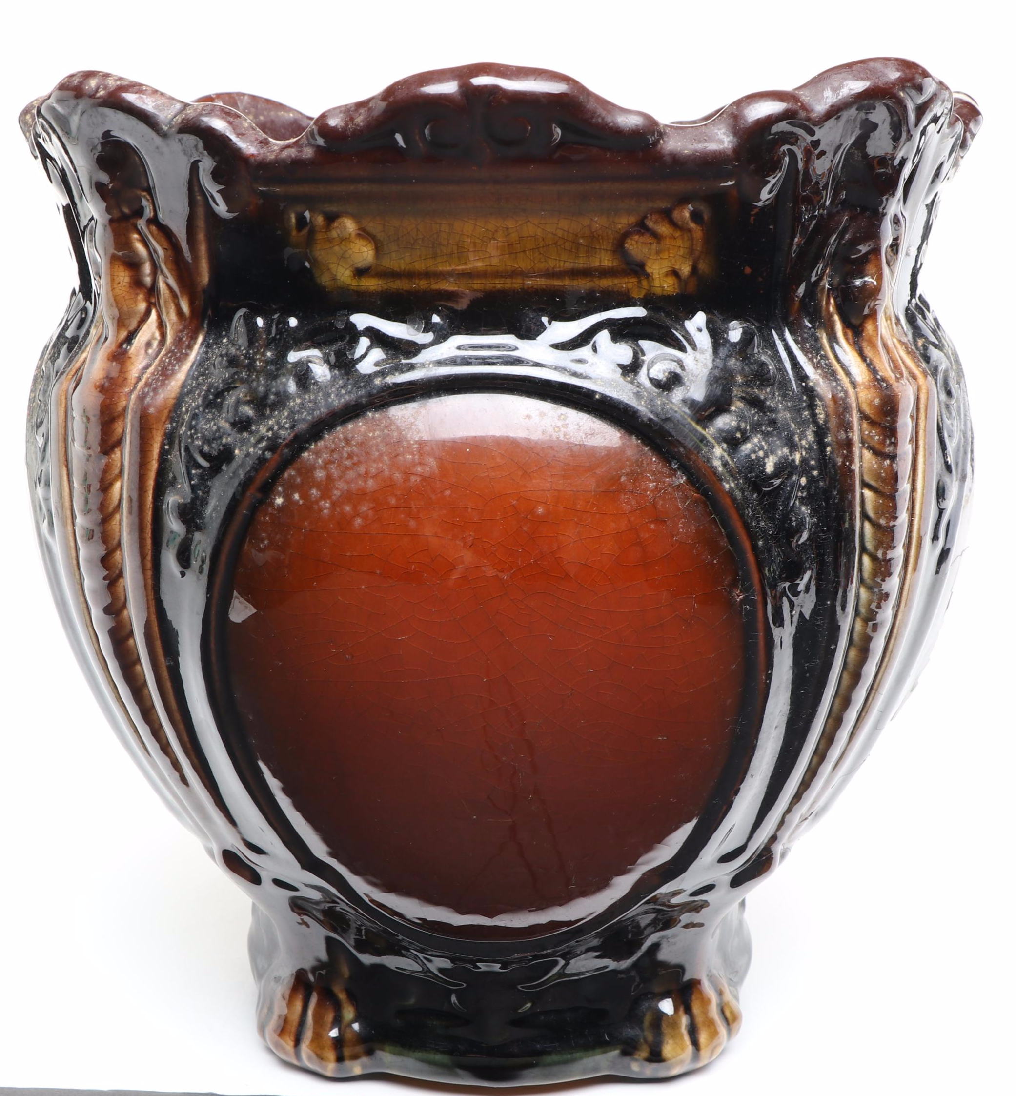 Art Nouveau Brown Majolica Lion's Head Planter