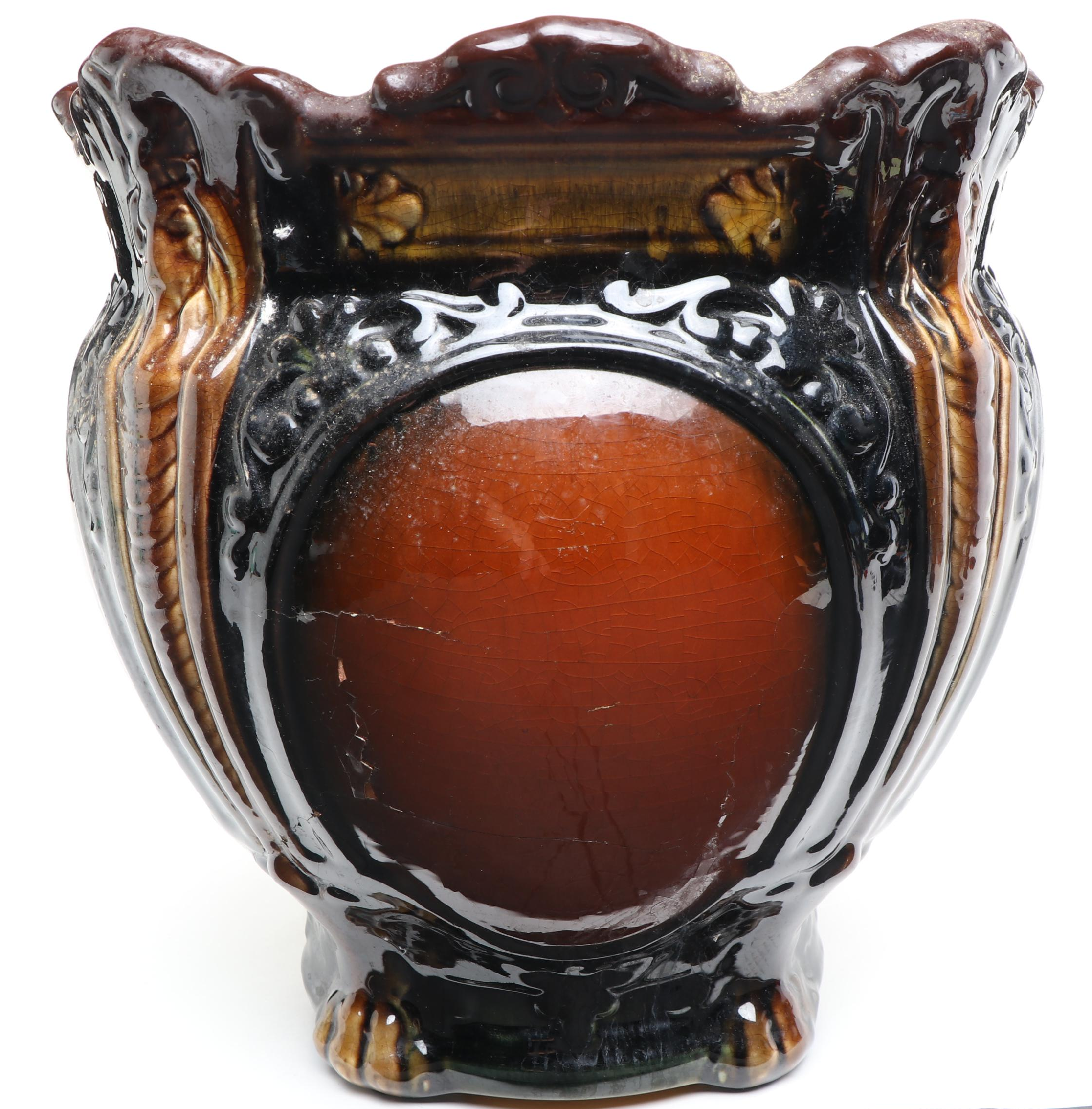 Art Nouveau Brown Majolica Lion's Head Planter