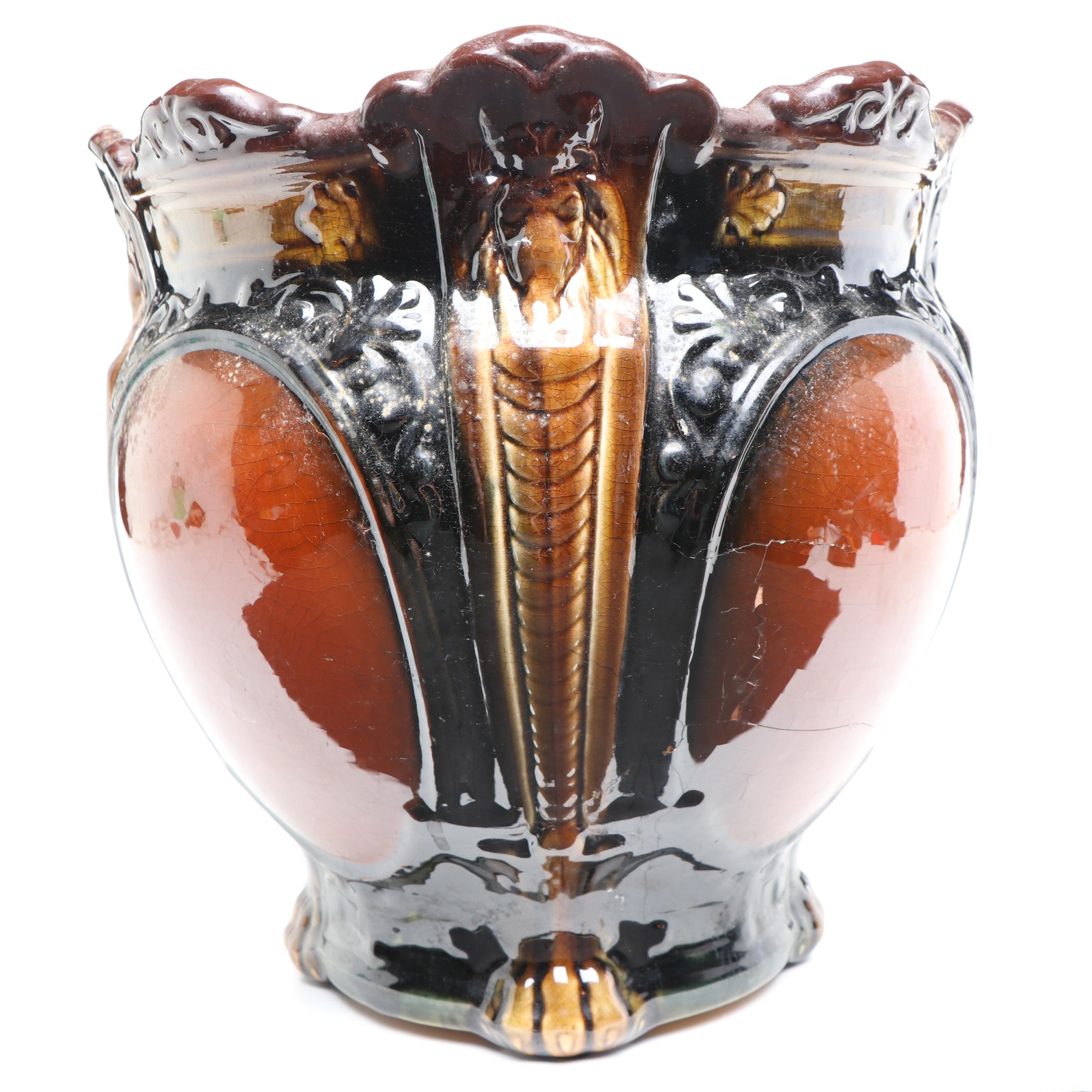 Art Nouveau Brown Majolica Lion's Head Planter