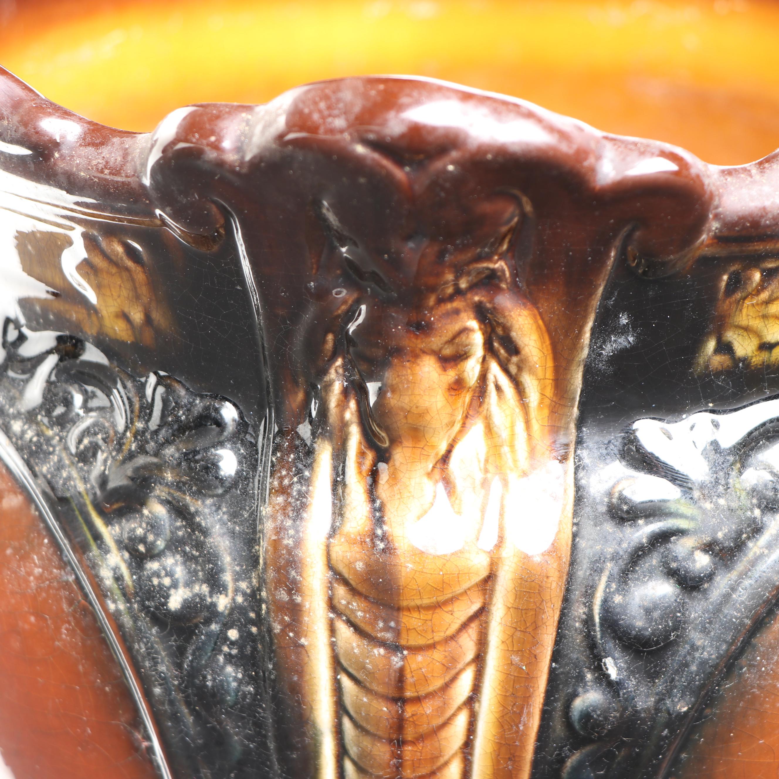 Art Nouveau Brown Majolica Lion's Head Planter