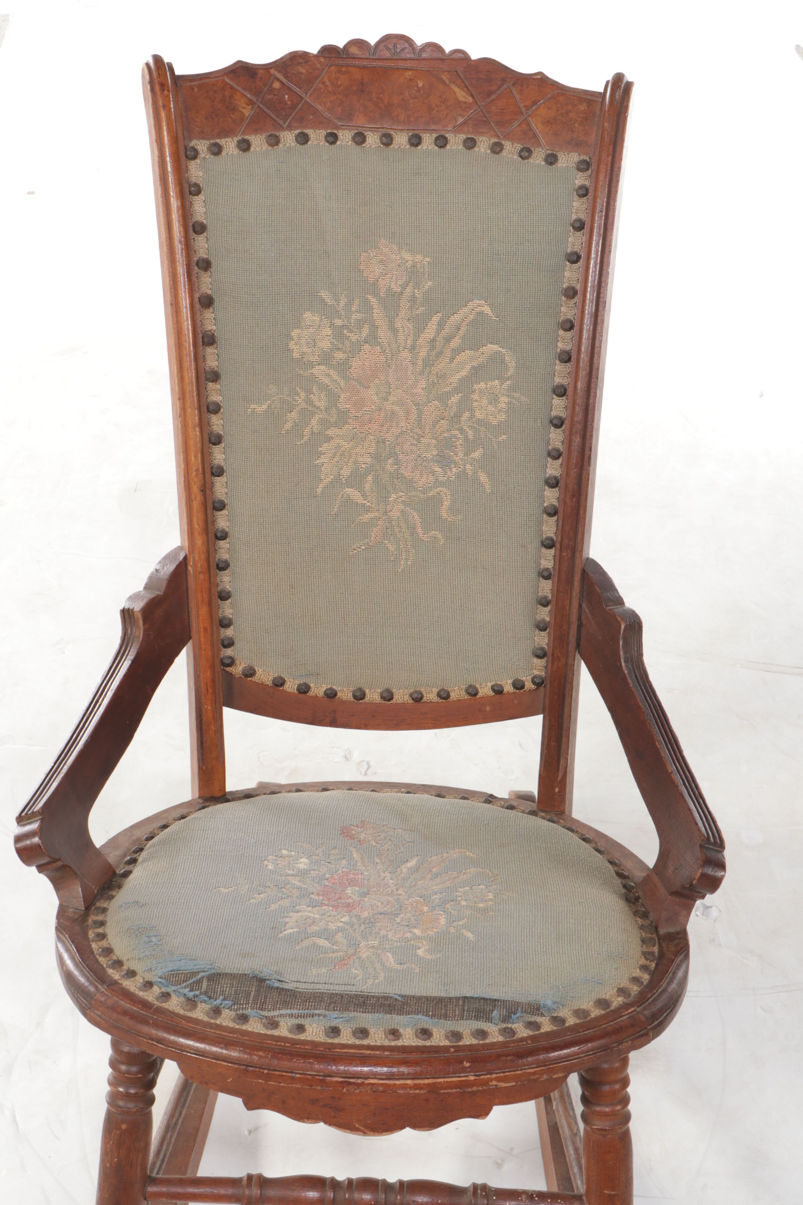 Victorian Carved Walnut Rocking Chair with Floral Needlepoint Seat