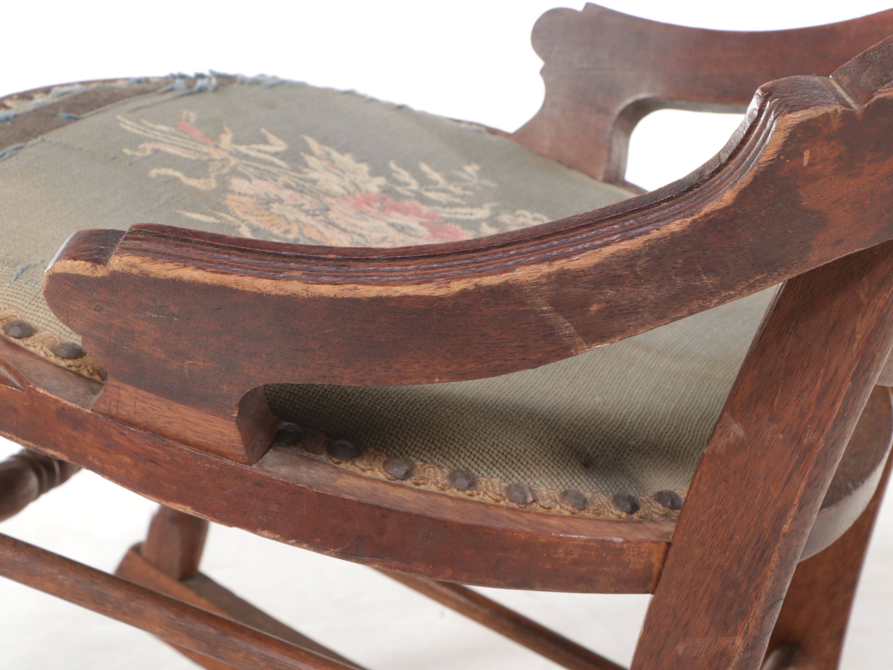 Victorian Carved Walnut Rocking Chair with Floral Needlepoint Seat