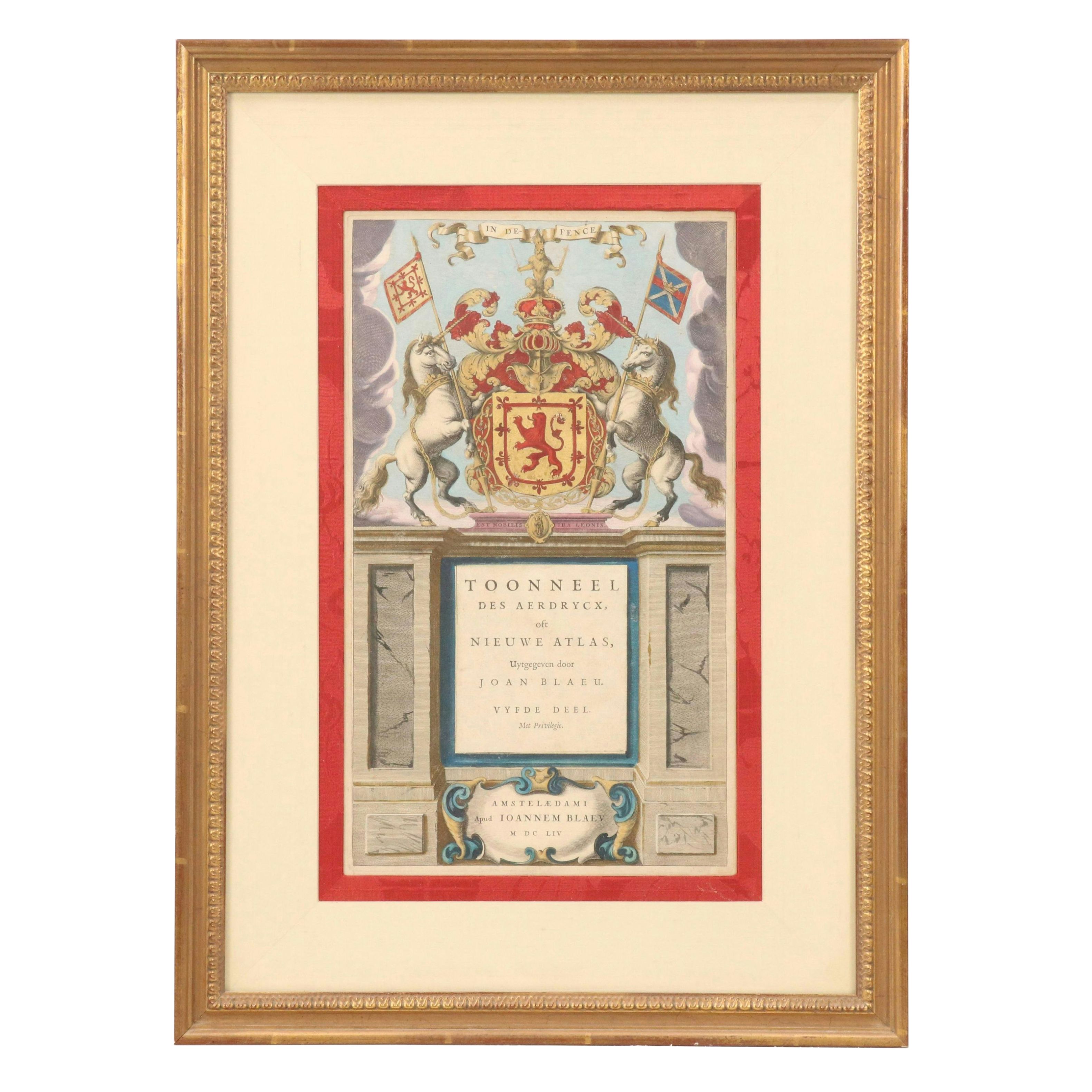 Hand-Colored Engraving Title Page of "Toonneel des Aerdrycx" by Joan Blaeu