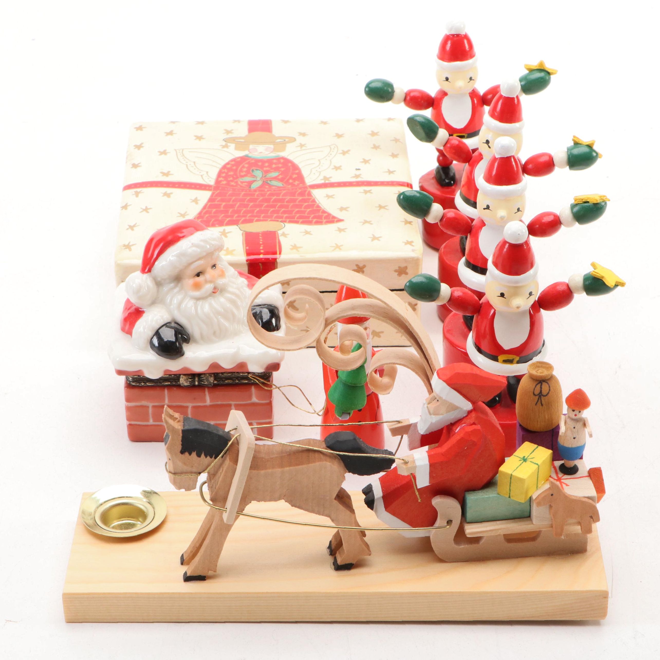 Erzgebirge Holzkunst German Candle Holder with Other Santa Claus Decor