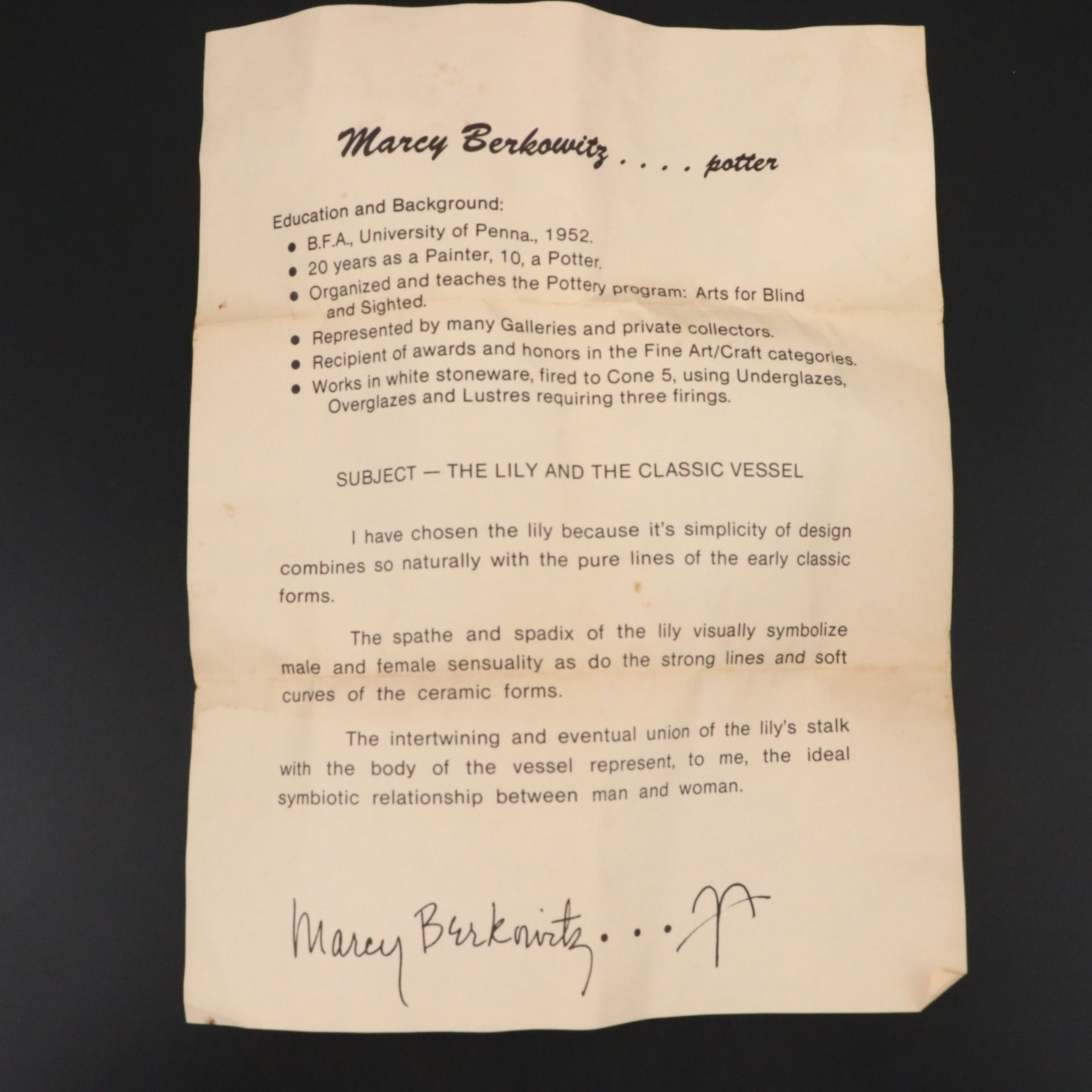 Marcy Berkowitz "The Lily and the Classic Vessel" Stoneware Art Pottery