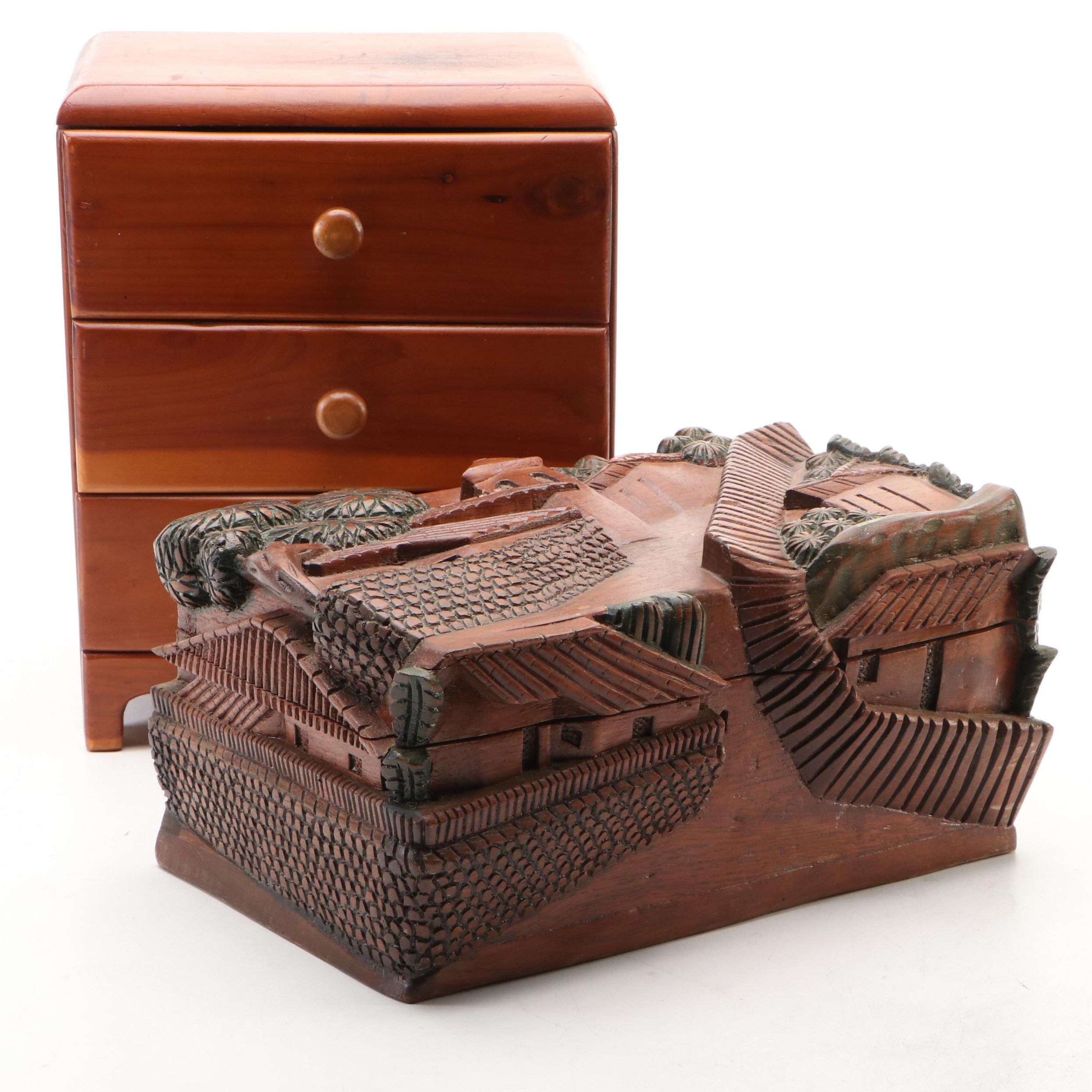 Folk Art Style Hand-Carved Wooden Box with Three-Drawer Jewelry Box