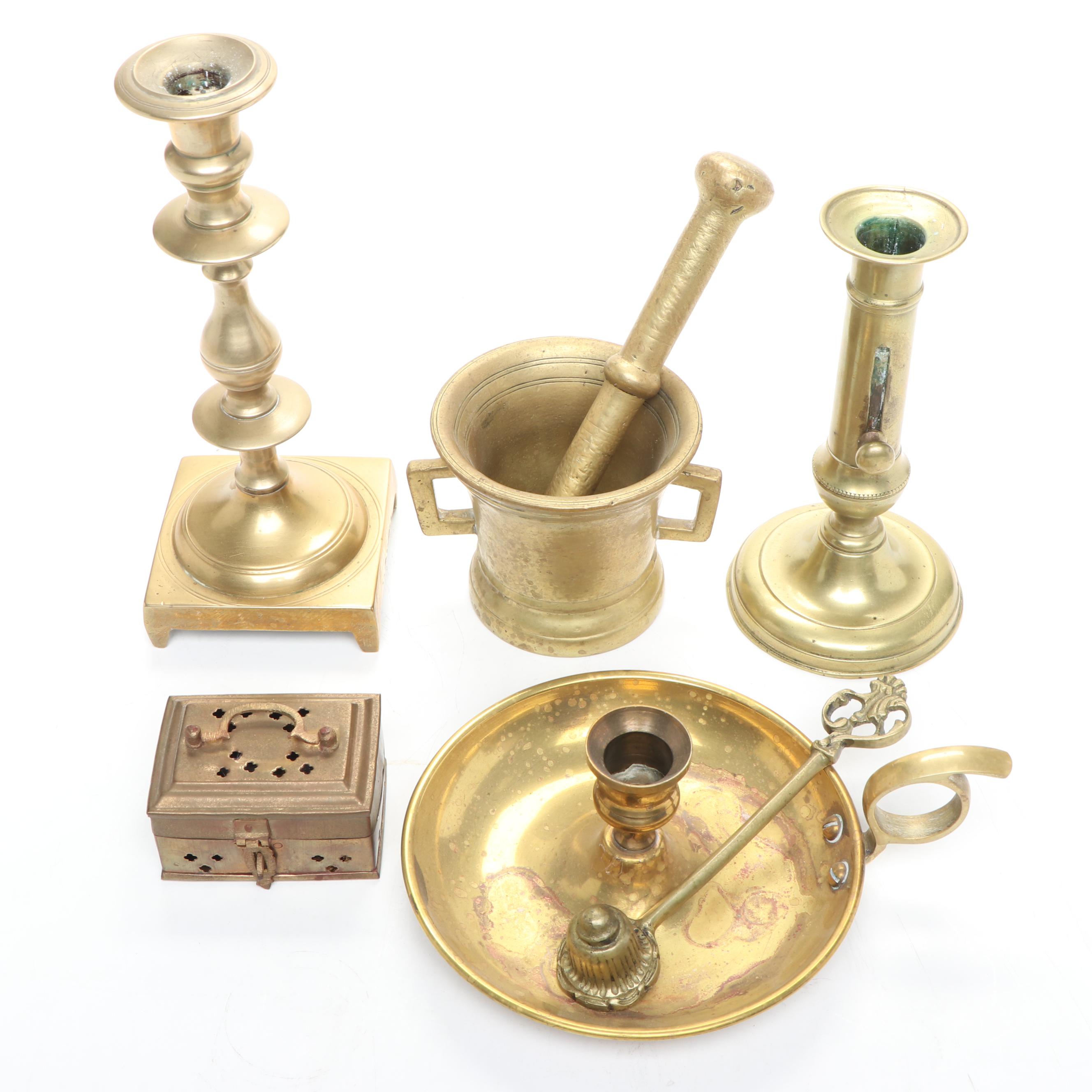 English Style Brass Candlesticks, Chamberstick, Mortar and Pestles and More
