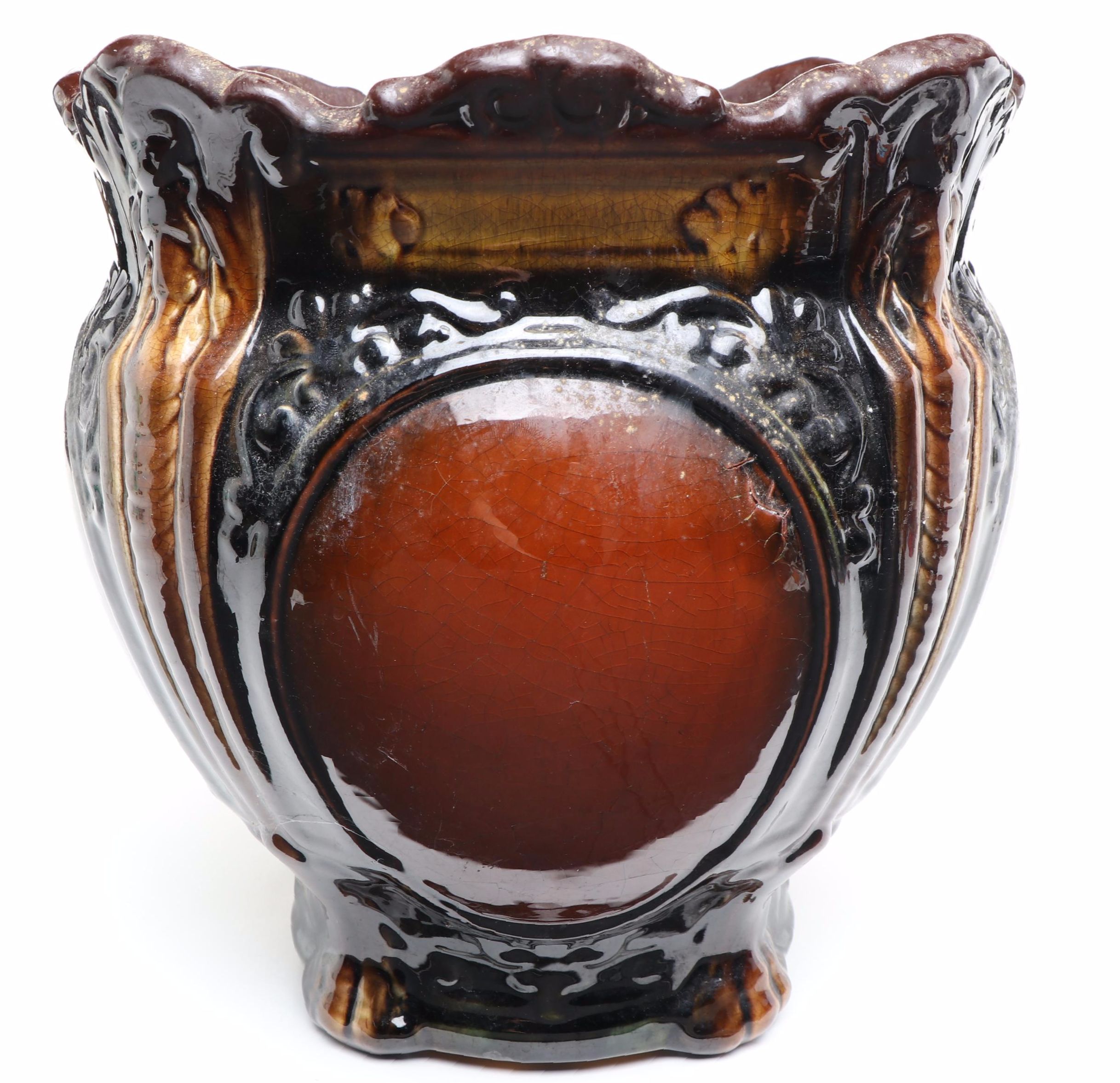 Art Nouveau Brown Majolica Lion's Head Planter