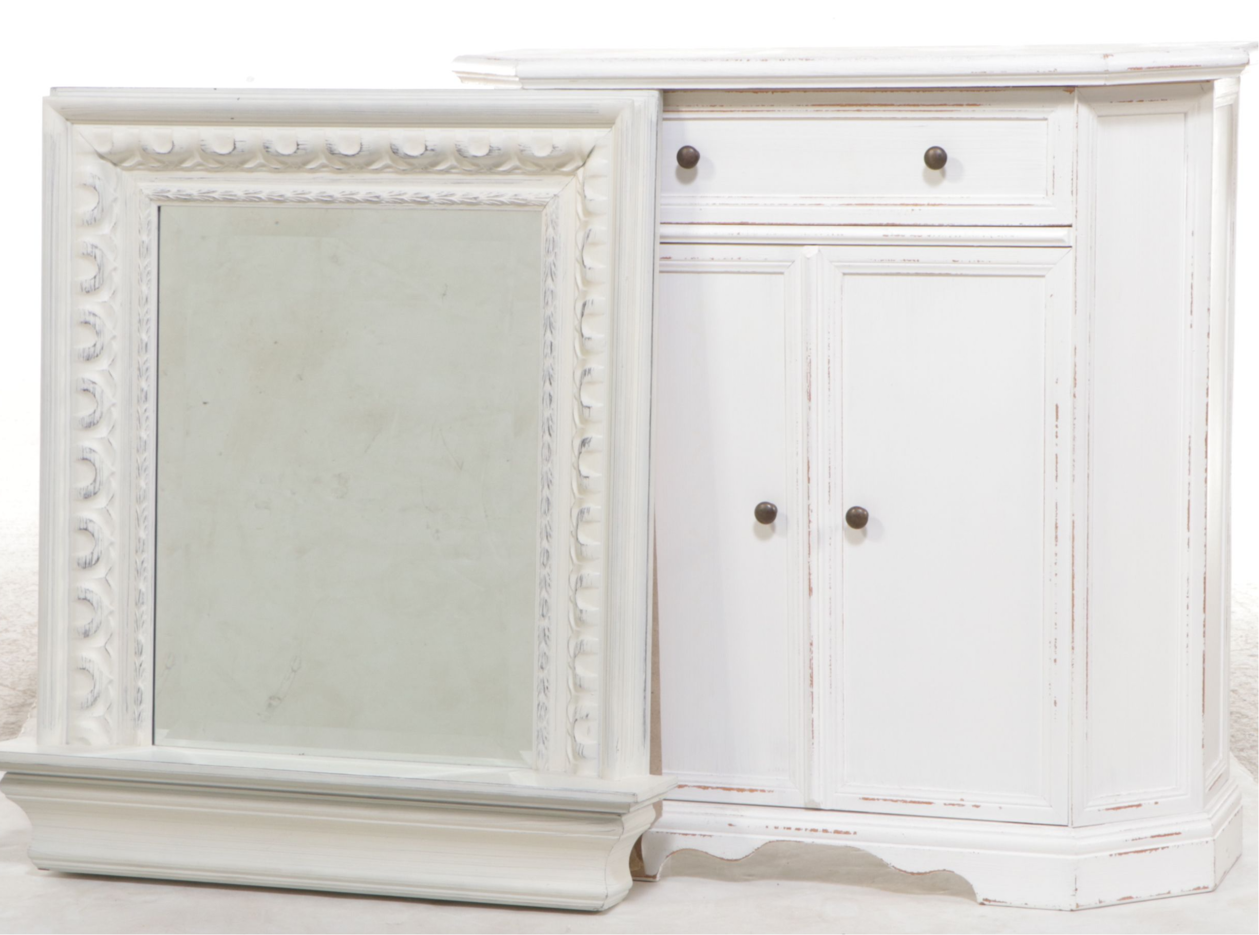 Italian Distressed White-Painted Accent Cabinet and Madison Mirror