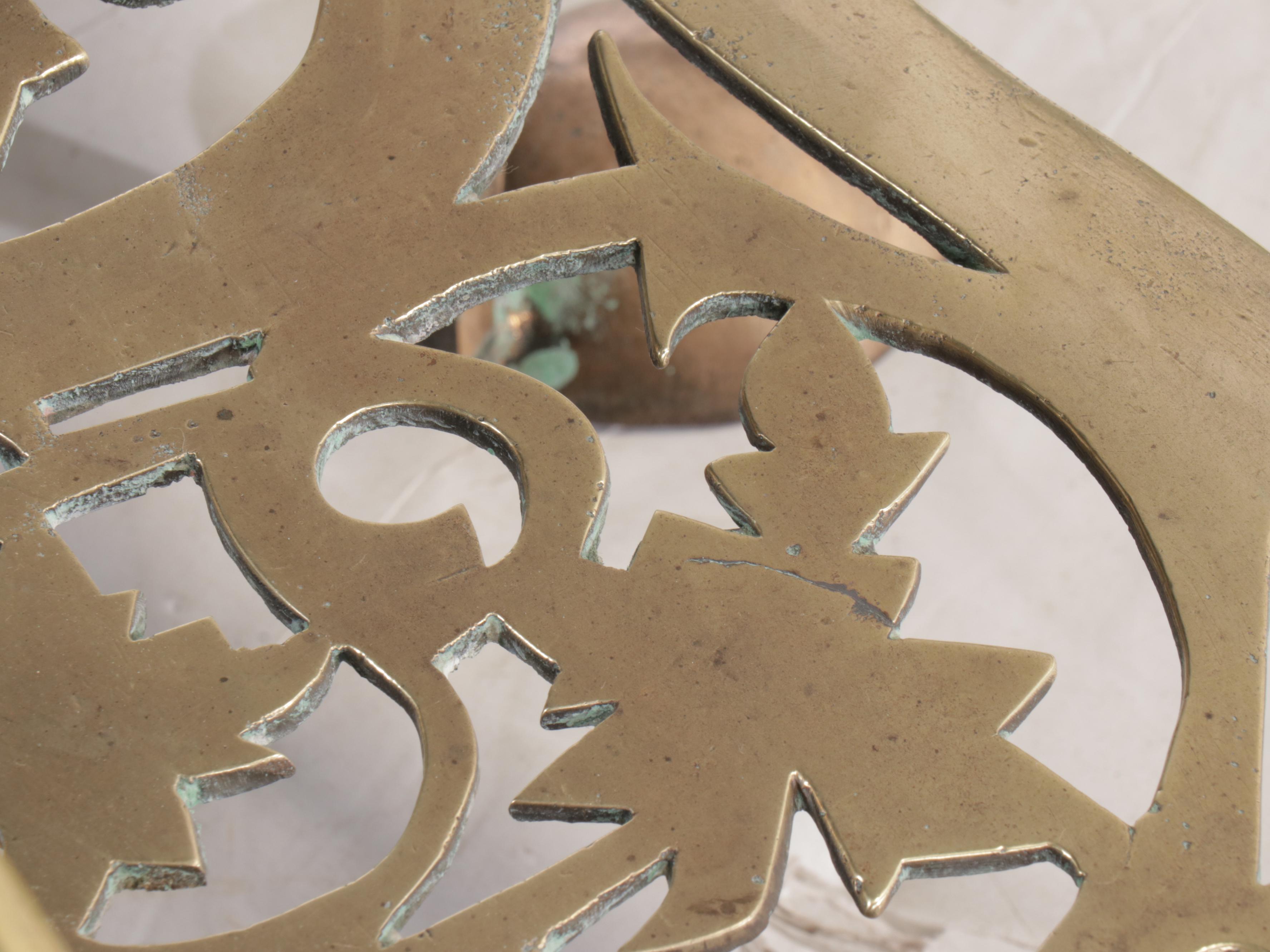Victorian Brass Cannonball Fender with Footman Trivet Shelf