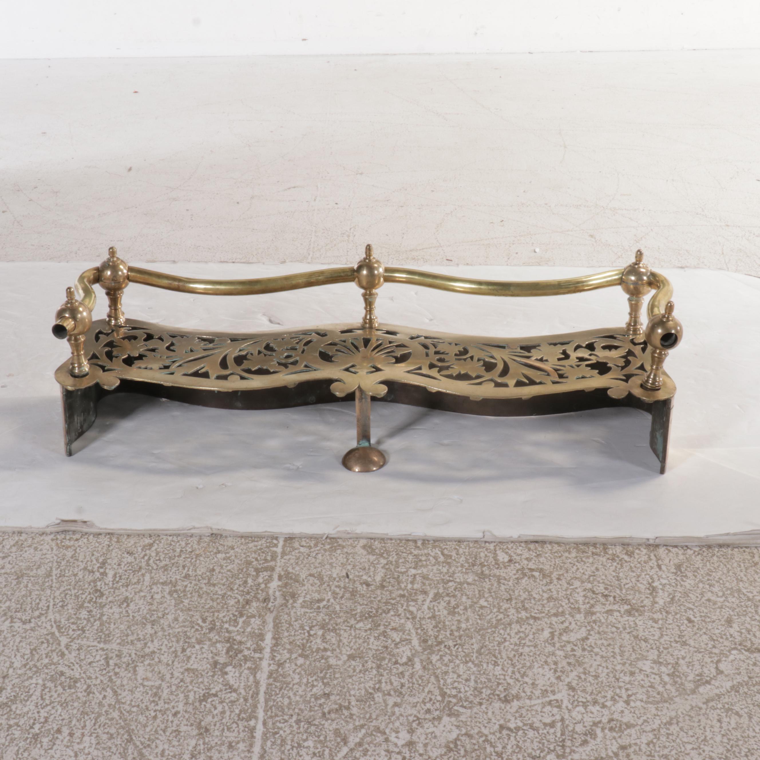 Victorian Brass Cannonball Fender with Footman Trivet Shelf