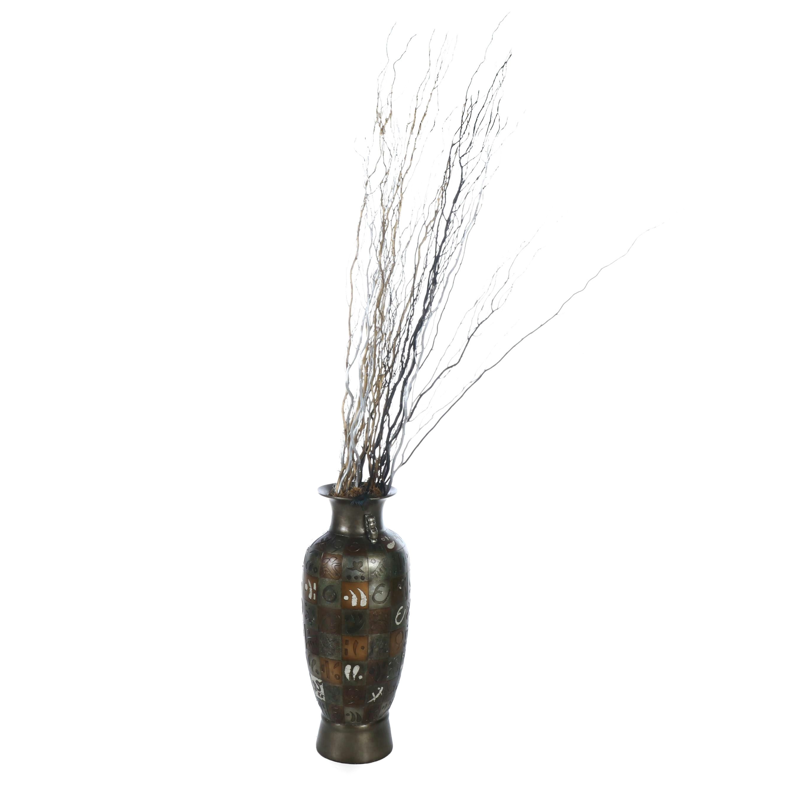 Ceramic Mosaic Inlaid Floor Vase with Decorative Twigs and Peacock Feather