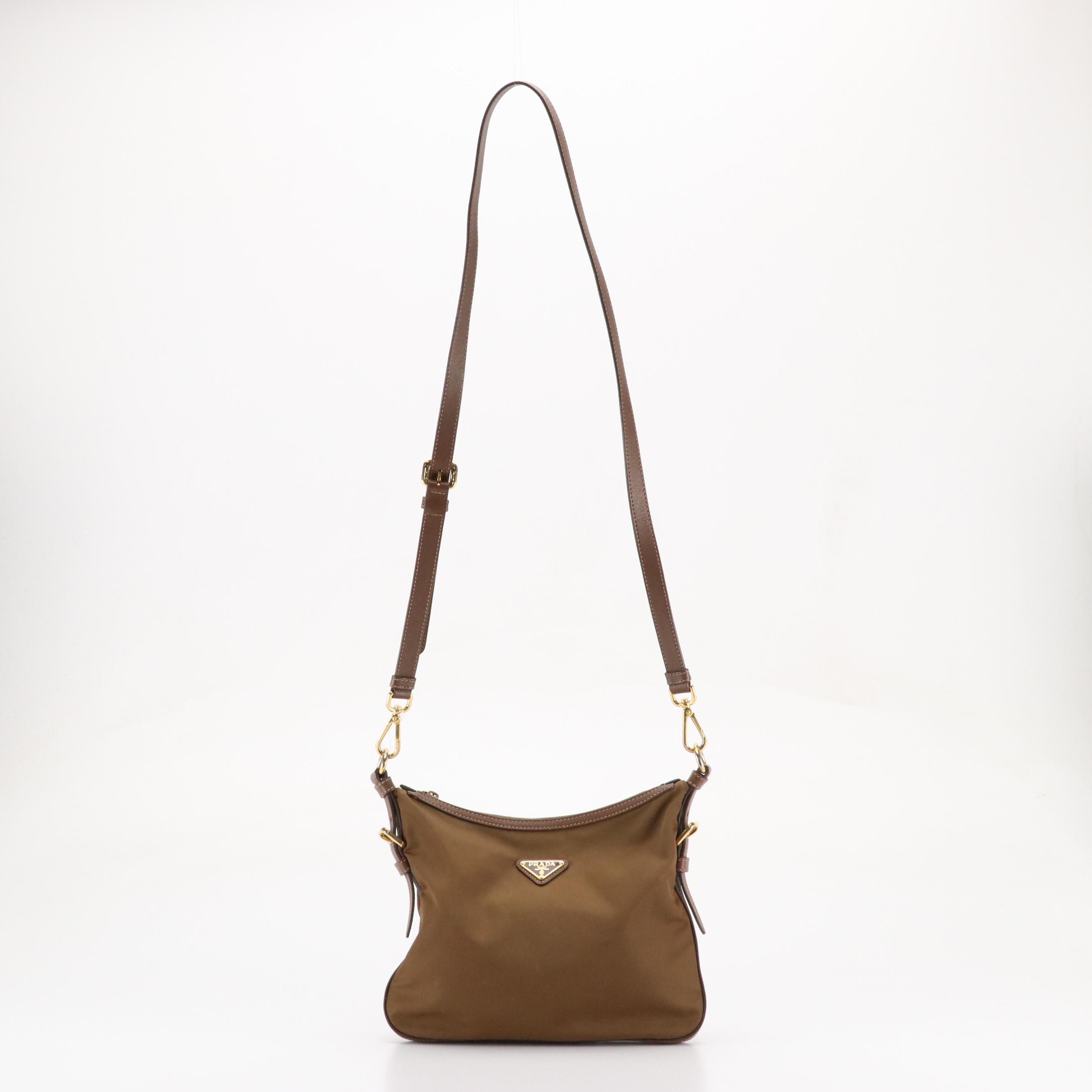 Prada Zippered Crossbody Bag in Mocha Brown Tessuto Nylon and Leather Trim