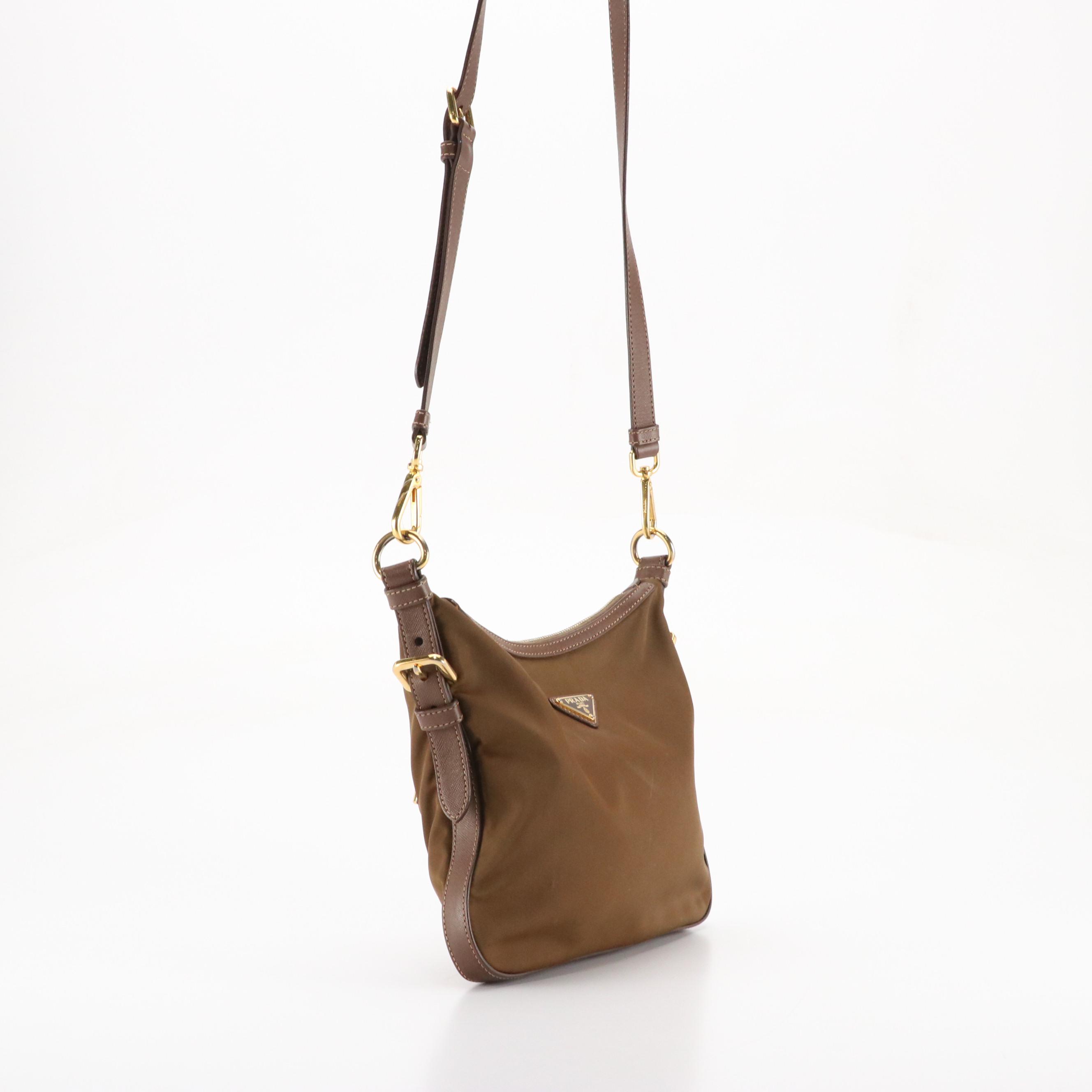 Prada Zippered Crossbody Bag in Mocha Brown Tessuto Nylon and Leather Trim