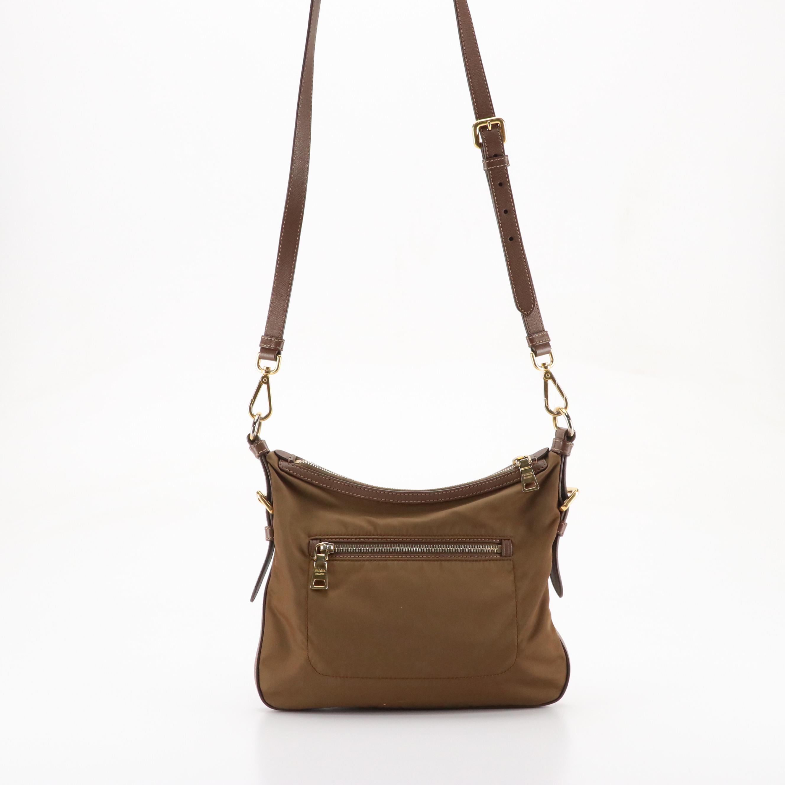 Prada Zippered Crossbody Bag in Mocha Brown Tessuto Nylon and Leather Trim
