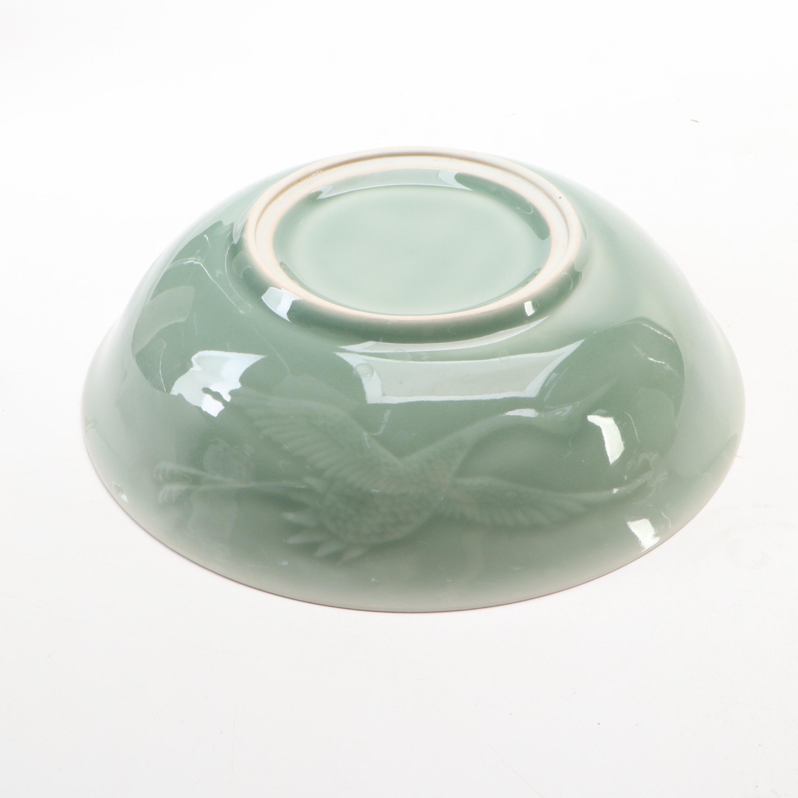 Chinese Porcelain Celadon Bowl with Vase and Carved Wood Base