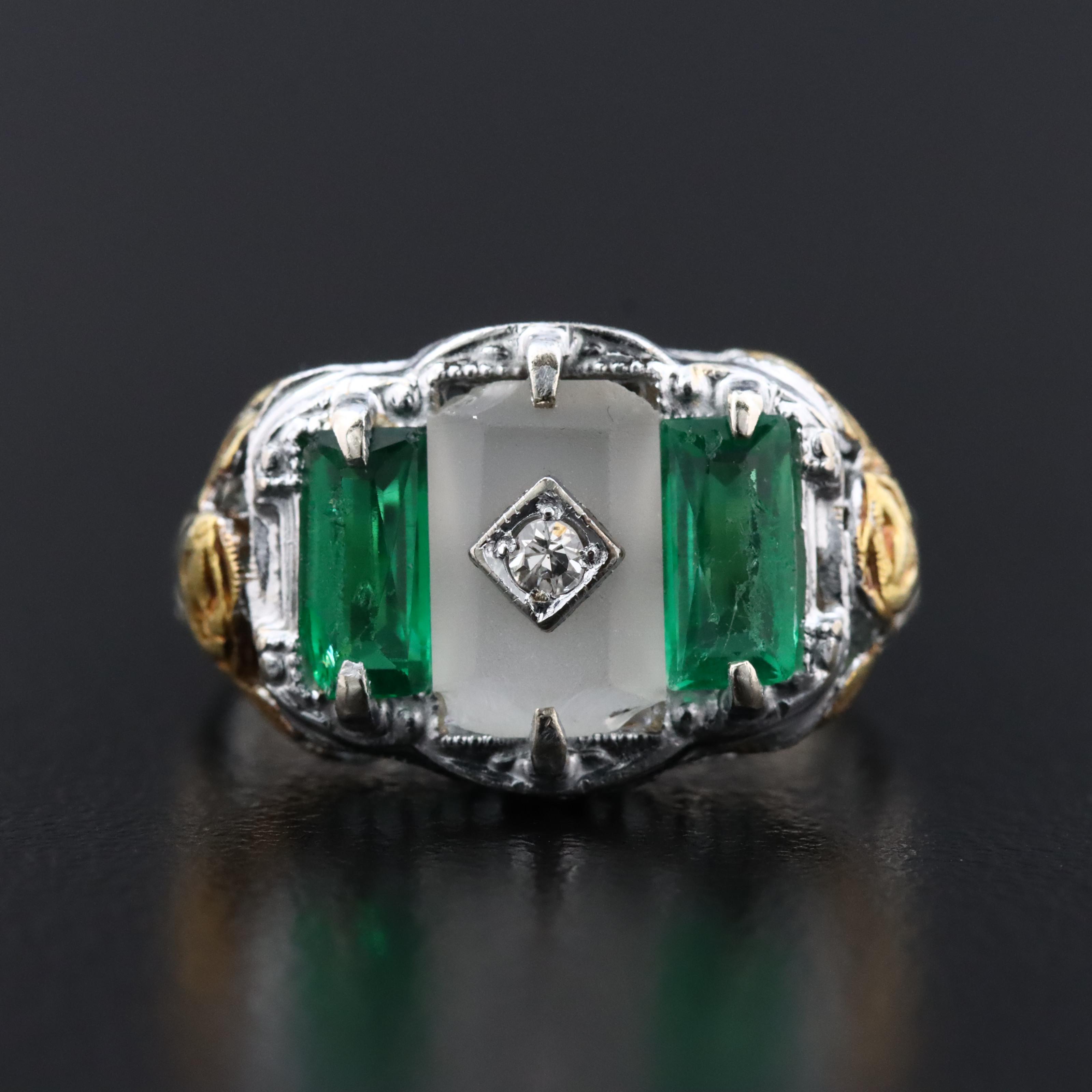 14K Rock Crystal, Glass, and Diamond Ring