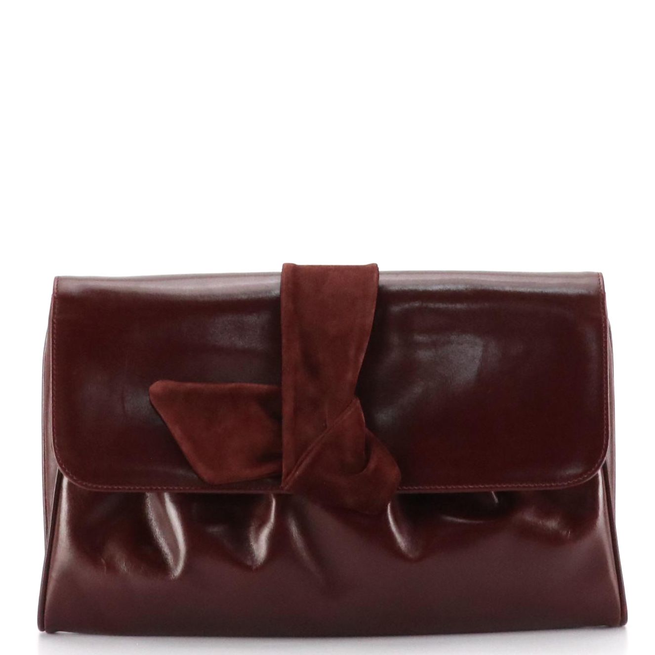 Salvatore Ferragamo Front Flap Ribbon Accented Clutch in Burgundy Leather