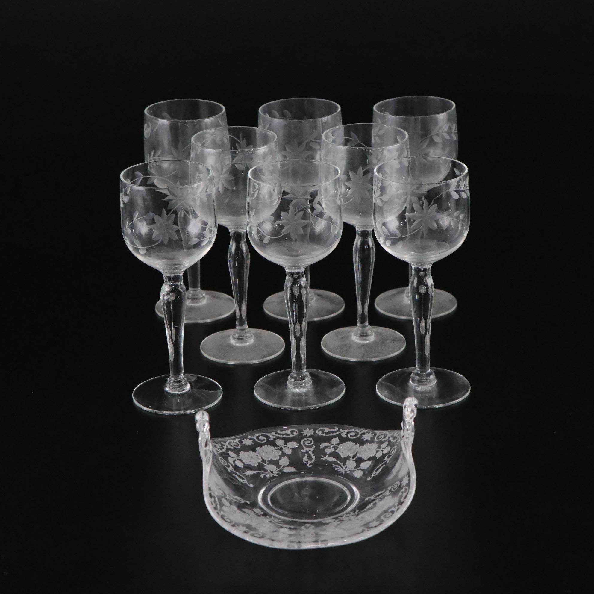 Glastonbury Lotus Etched Floral Liquor Cordial Glasses with Serveware
