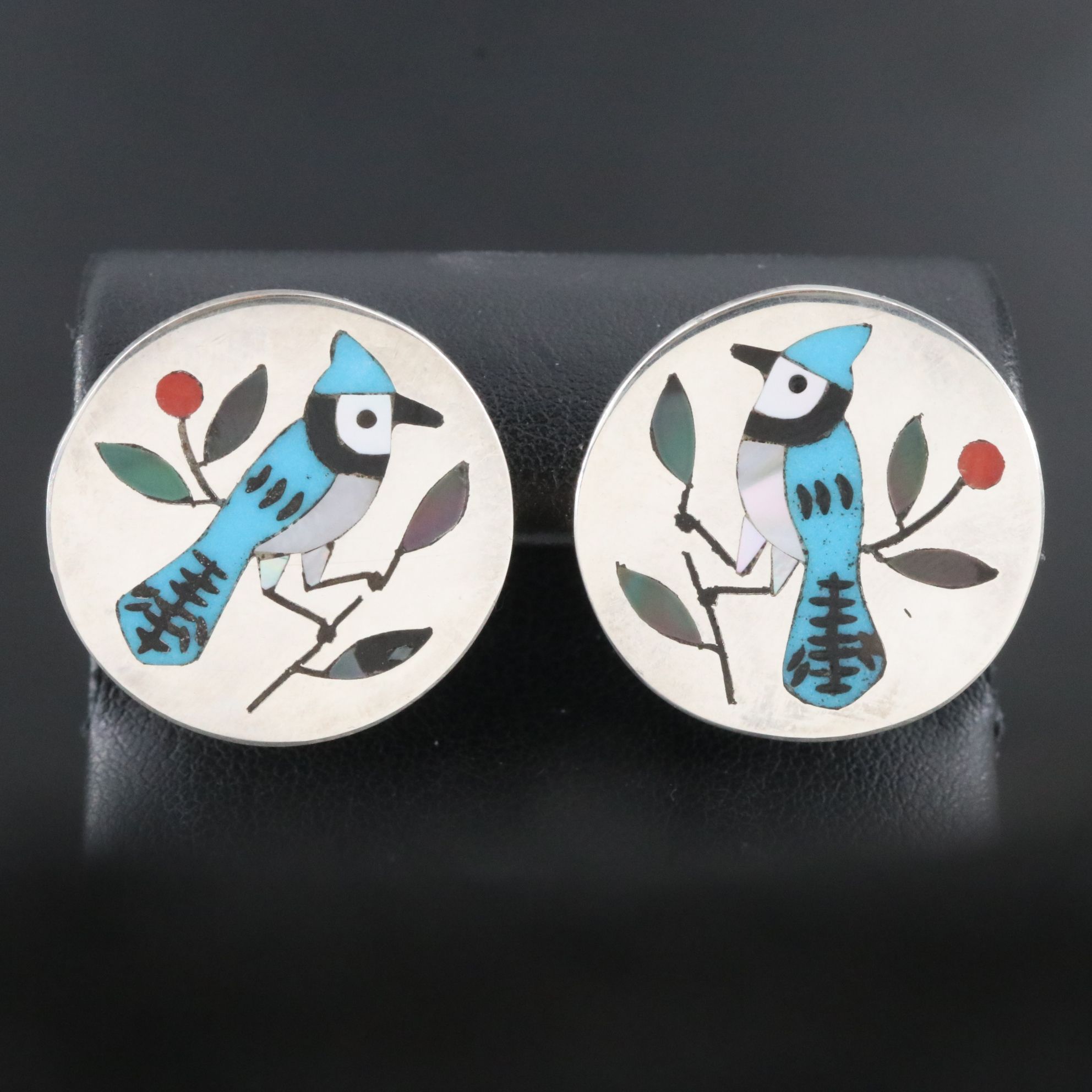 Southwestern Signed Sterling Gemstone Inlay Blue Jay Button Earrings