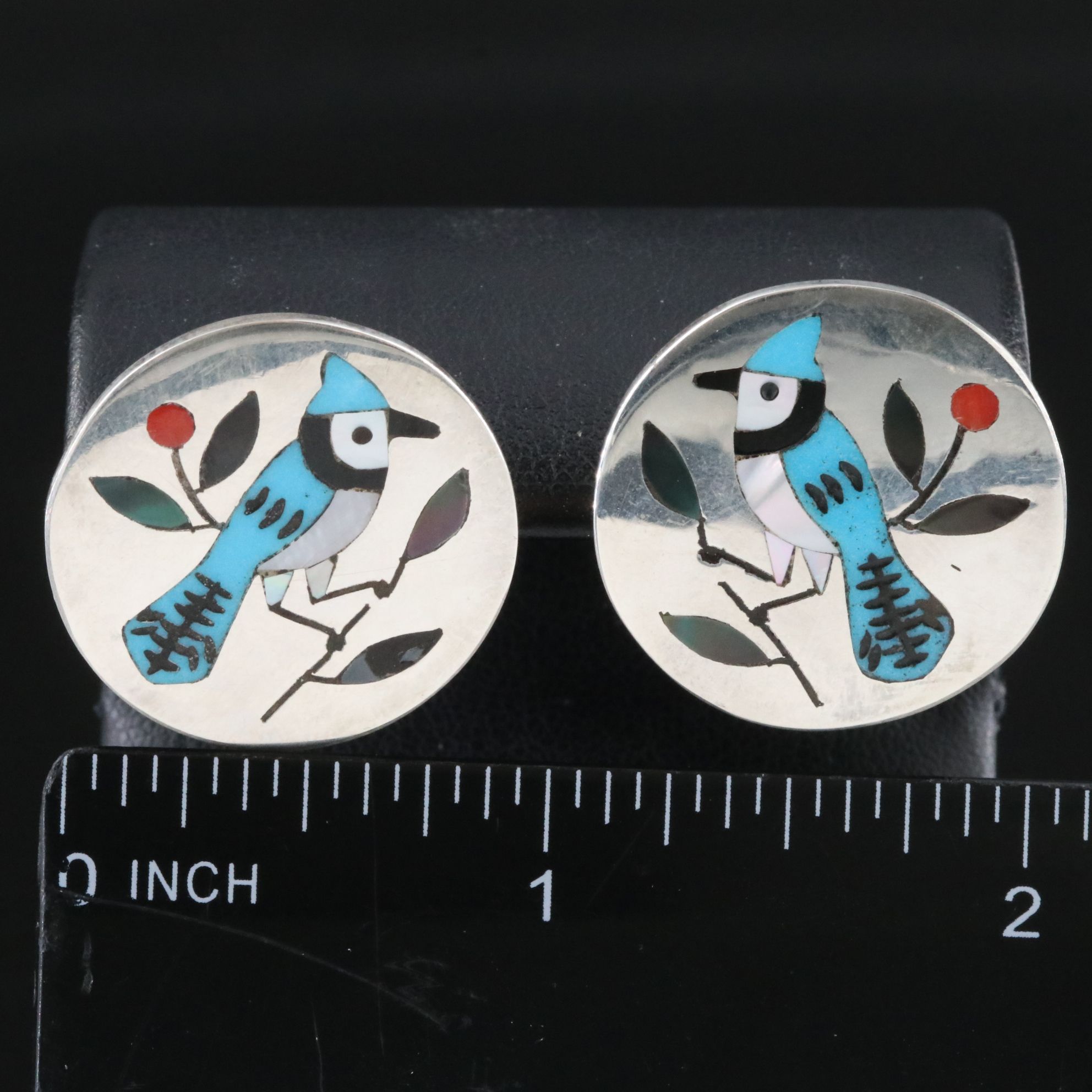 Southwestern Signed Sterling Gemstone Inlay Blue Jay Button Earrings