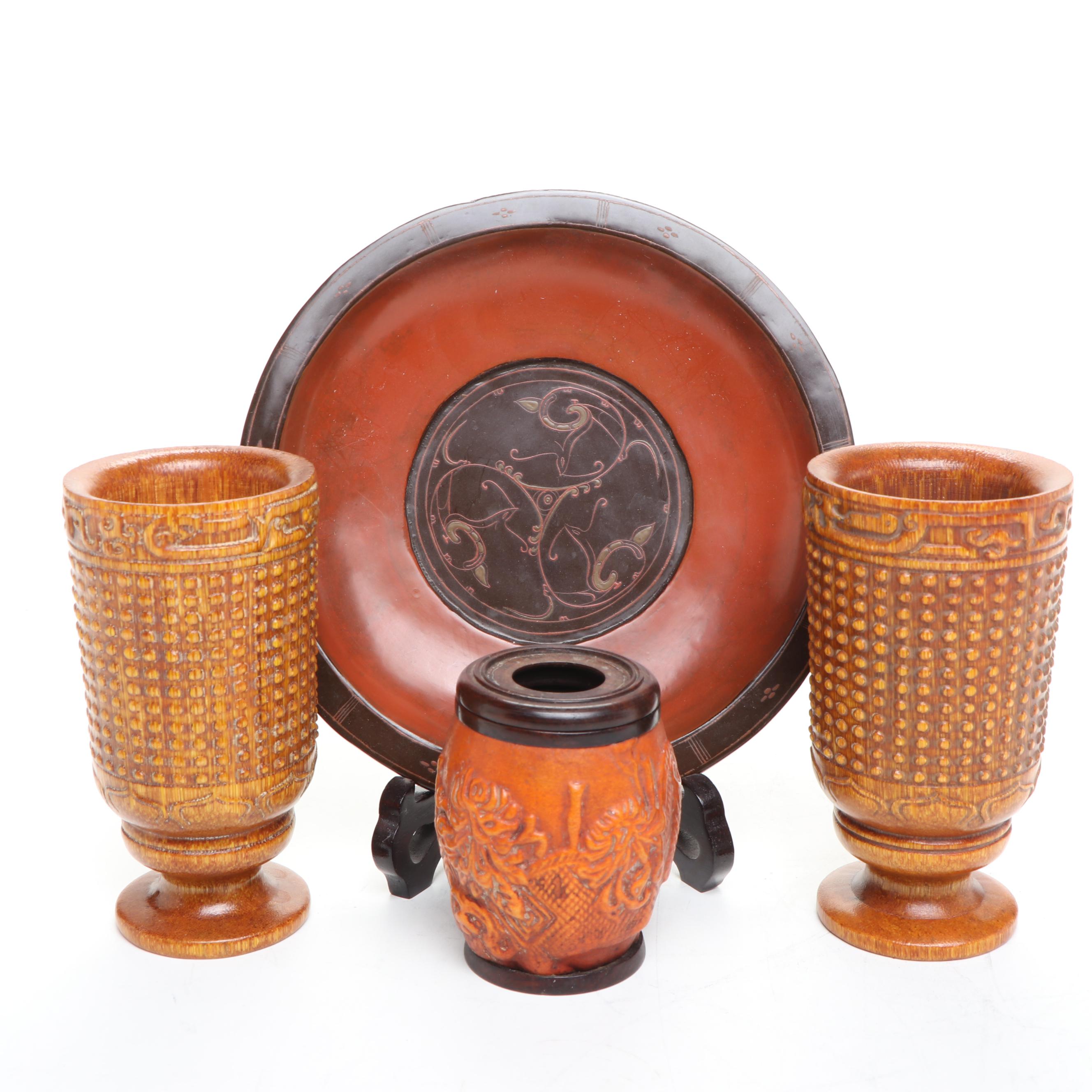 Carved Bamboo Root Wood Wine Goblets with Decorative Wooden Plate and Jar