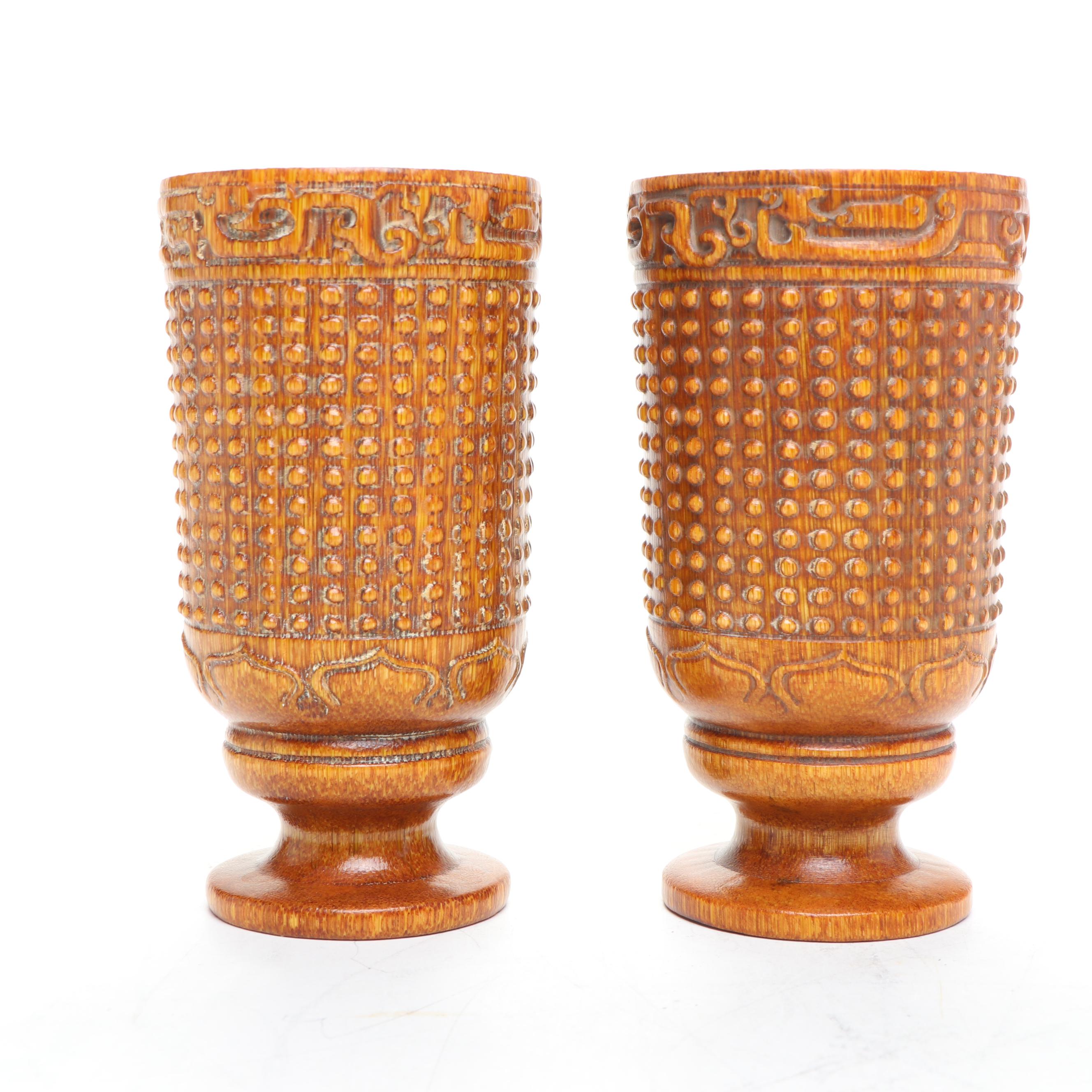 Carved Bamboo Root Wood Wine Goblets with Decorative Wooden Plate and Jar