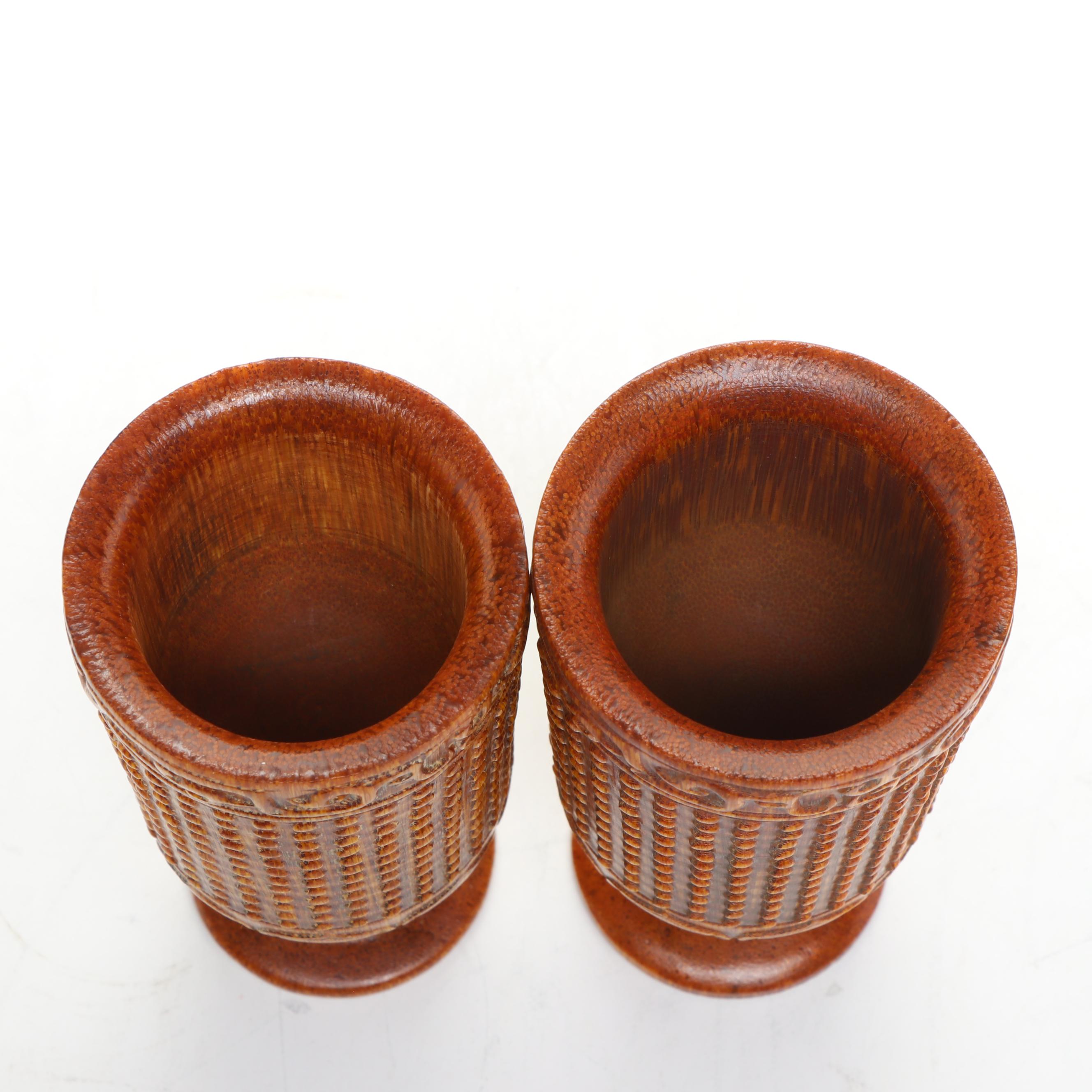 Carved Bamboo Root Wood Wine Goblets with Decorative Wooden Plate and Jar