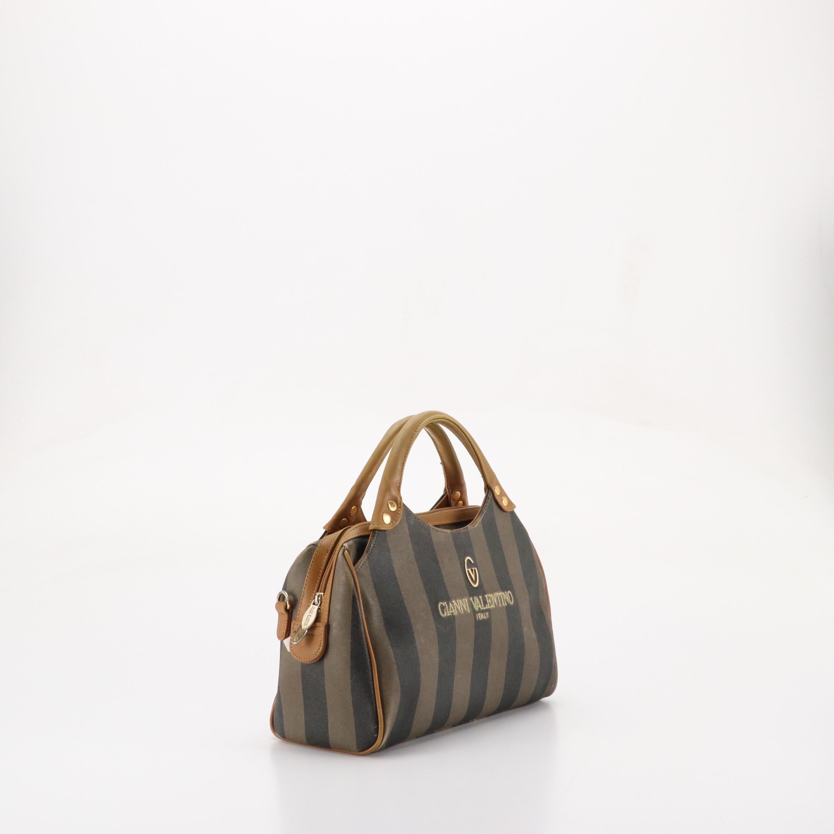 Gianni Valentino Handbag in Two-Toned Gray Striped Canvas and Brown Leather Trim