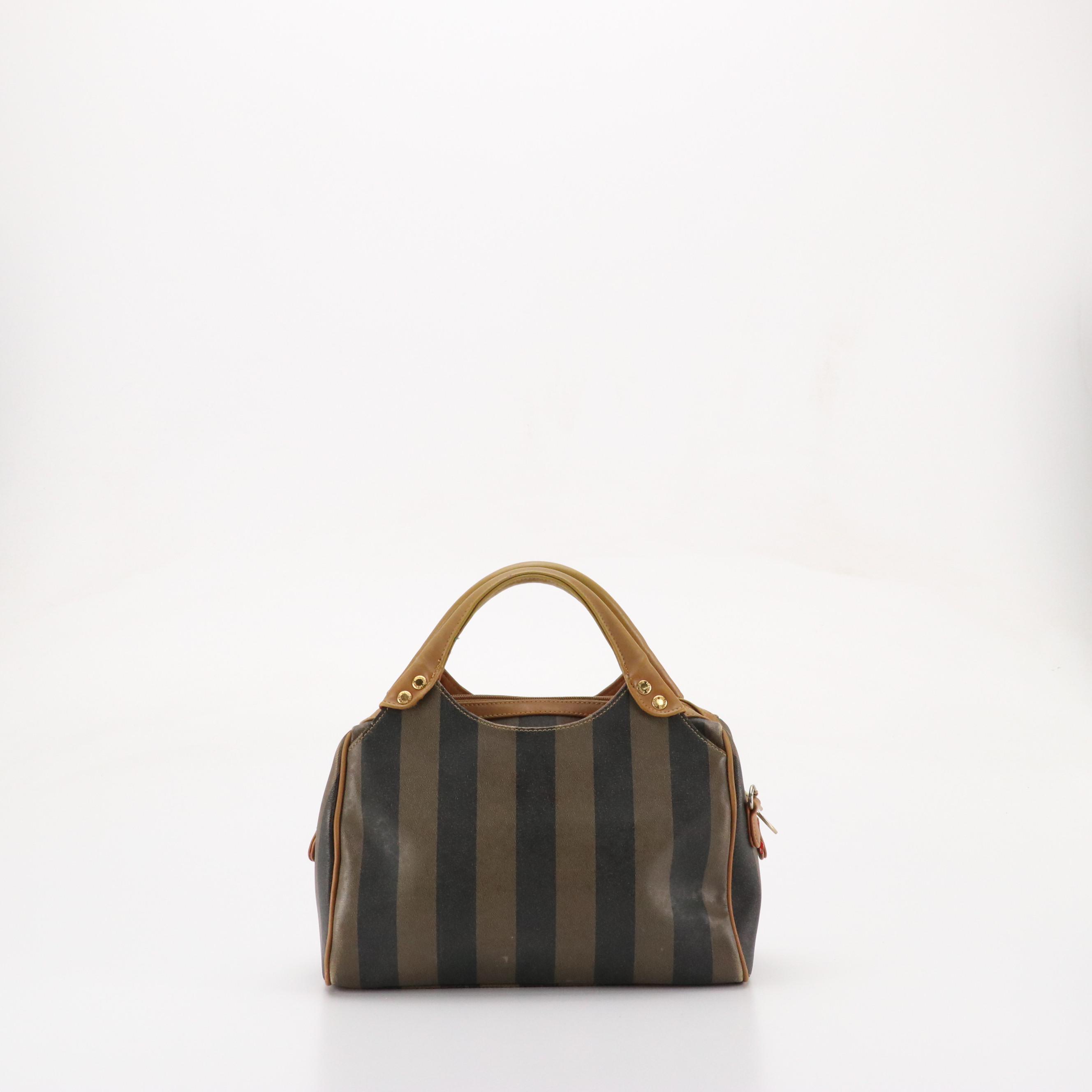 Gianni Valentino Handbag in Two-Toned Gray Striped Canvas and Brown Leather Trim