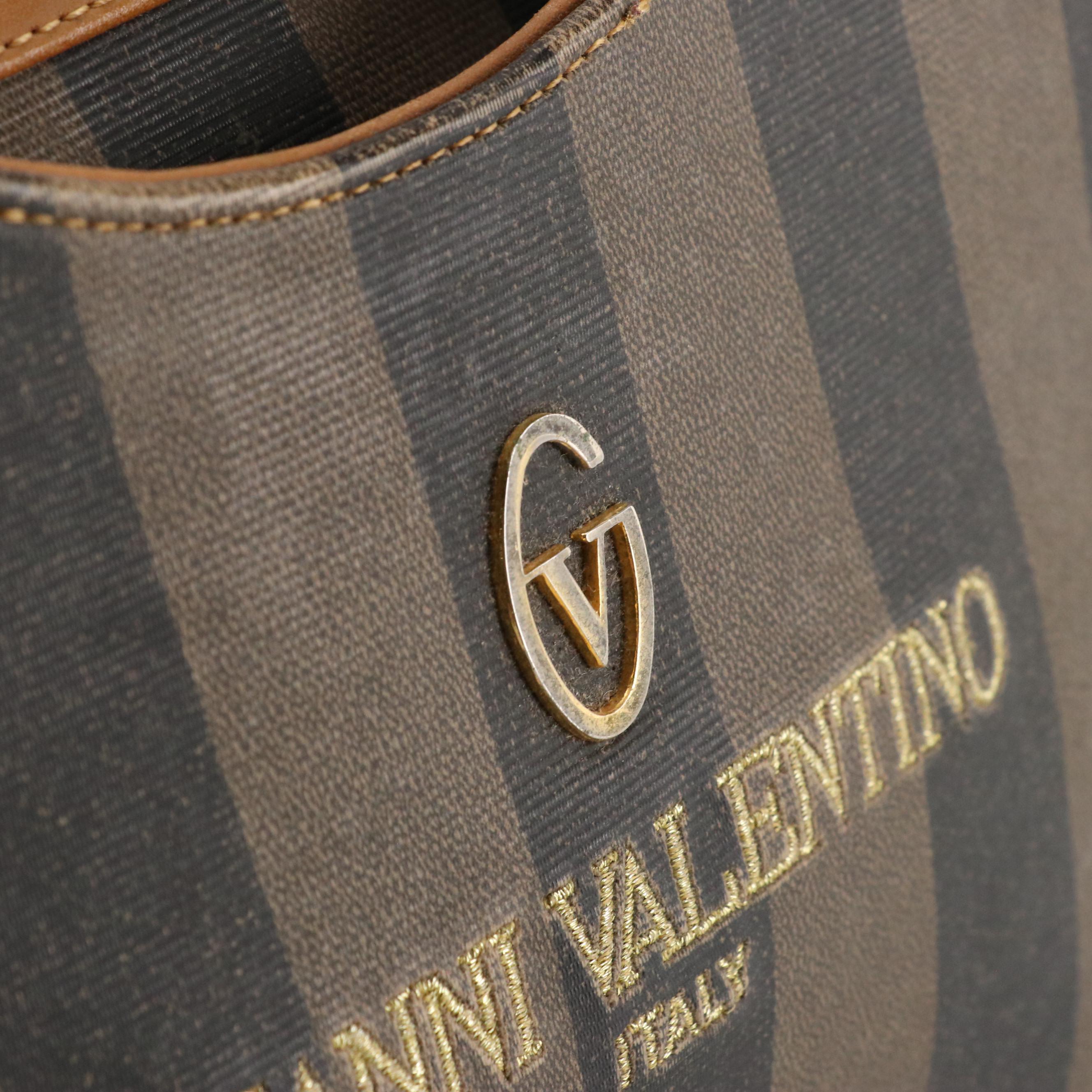 Gianni Valentino Handbag in Two-Toned Gray Striped Canvas and Brown Leather Trim