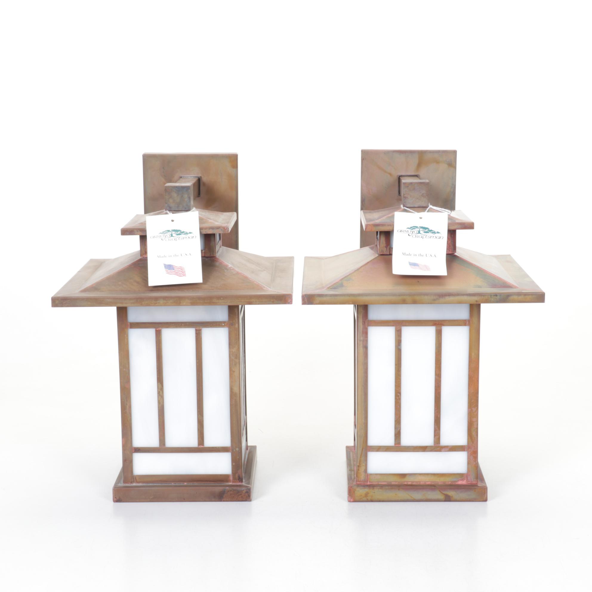 Pair of  Arroyo Craftsman Mission Style Copper and Slag Glass Sconces, 2007