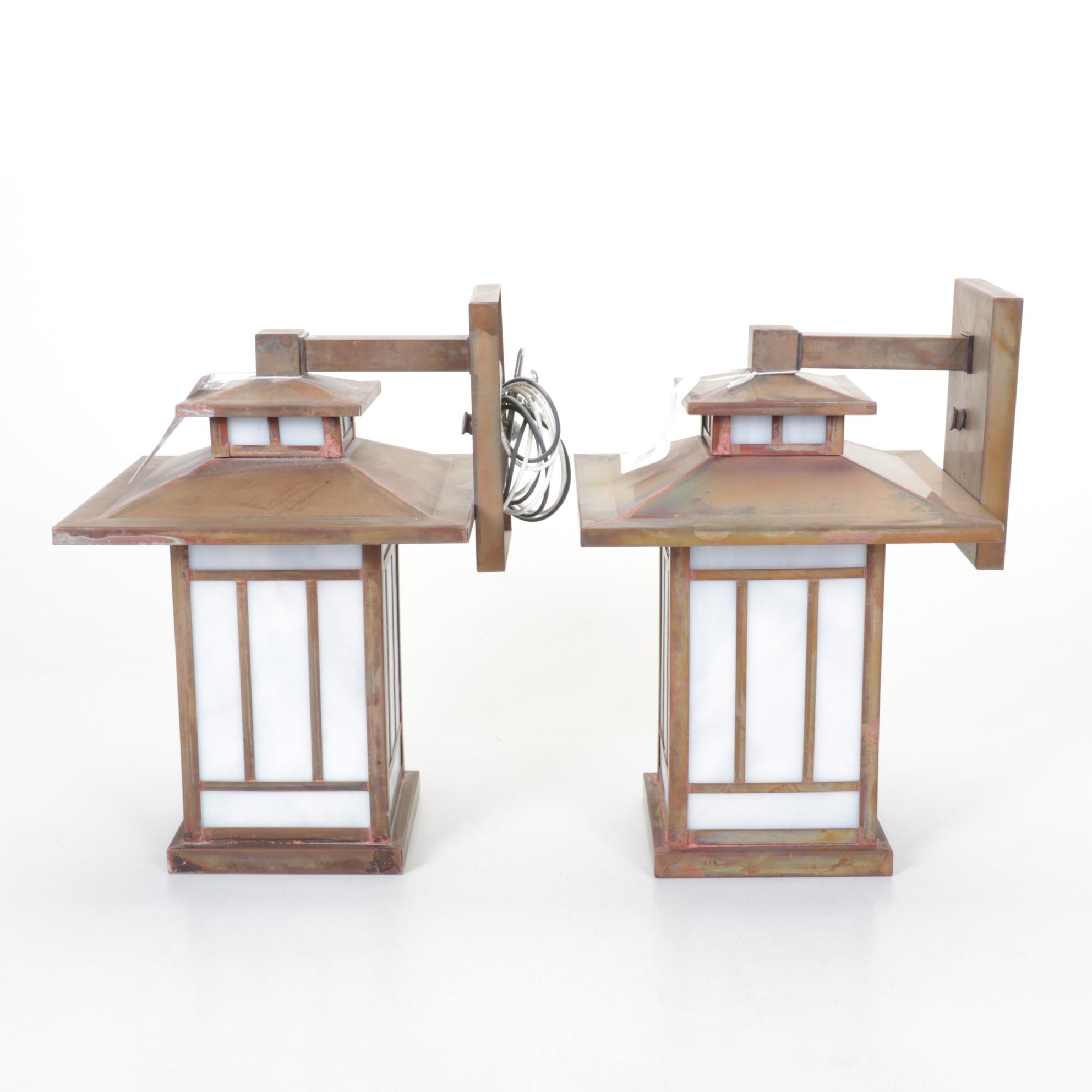 Pair of  Arroyo Craftsman Mission Style Copper and Slag Glass Sconces, 2007
