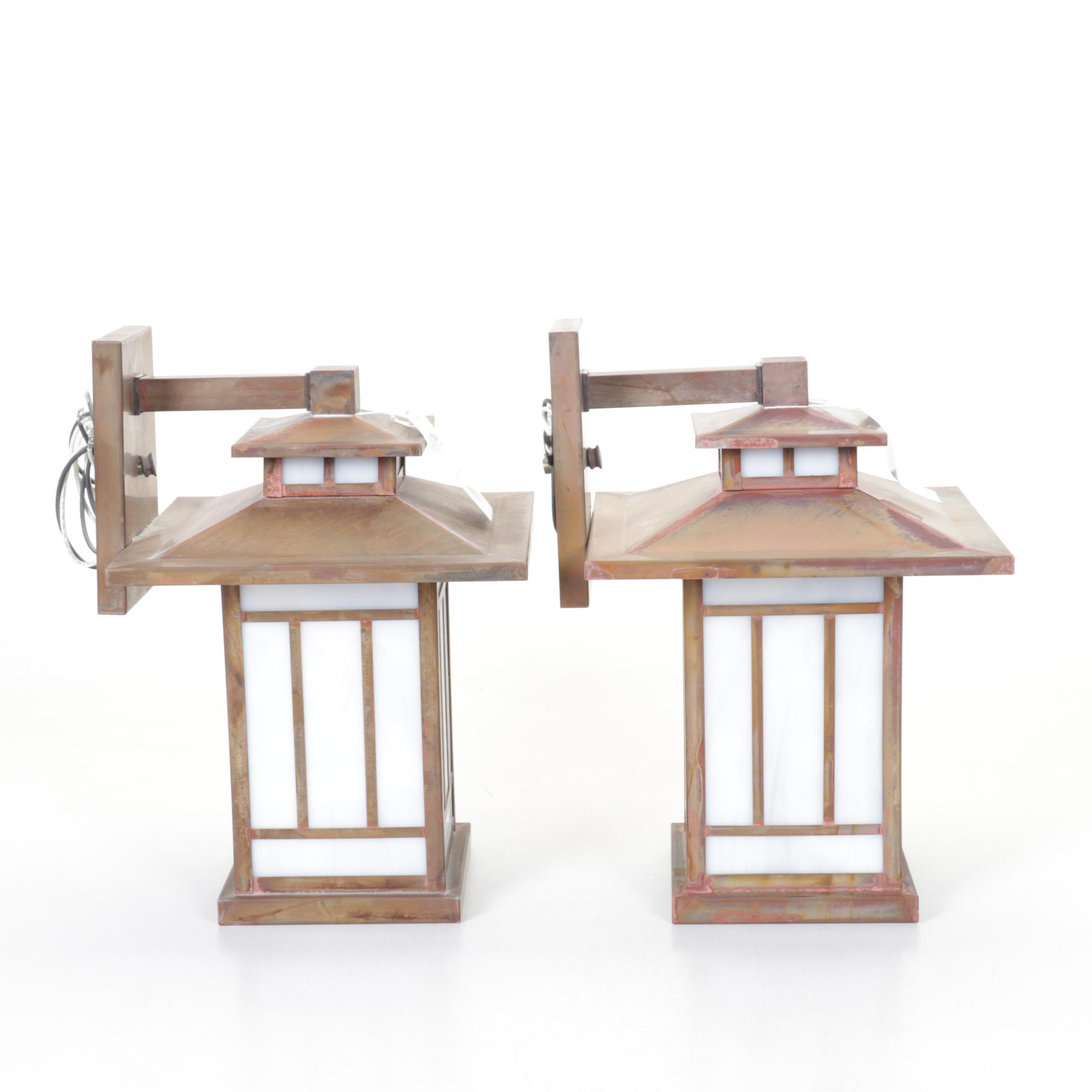 Pair of  Arroyo Craftsman Mission Style Copper and Slag Glass Sconces, 2007