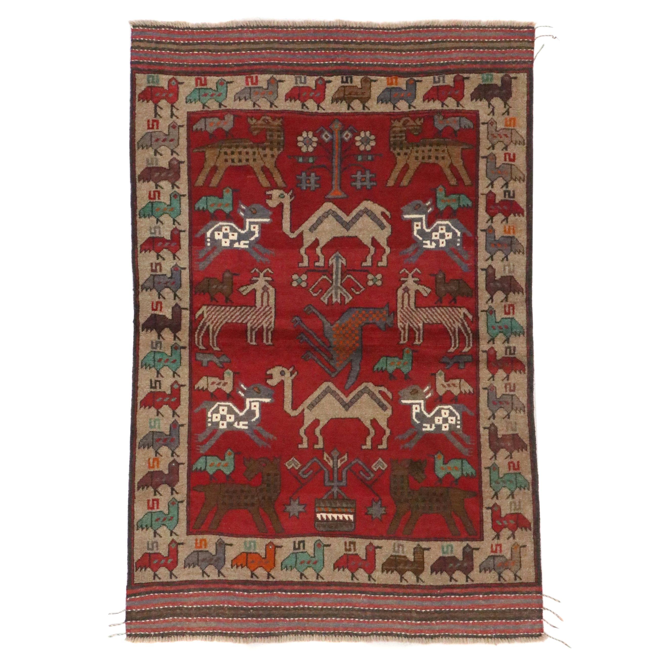 4'1 x 6'3 Hand-Knotted Afghan Pictorial Area Rug
